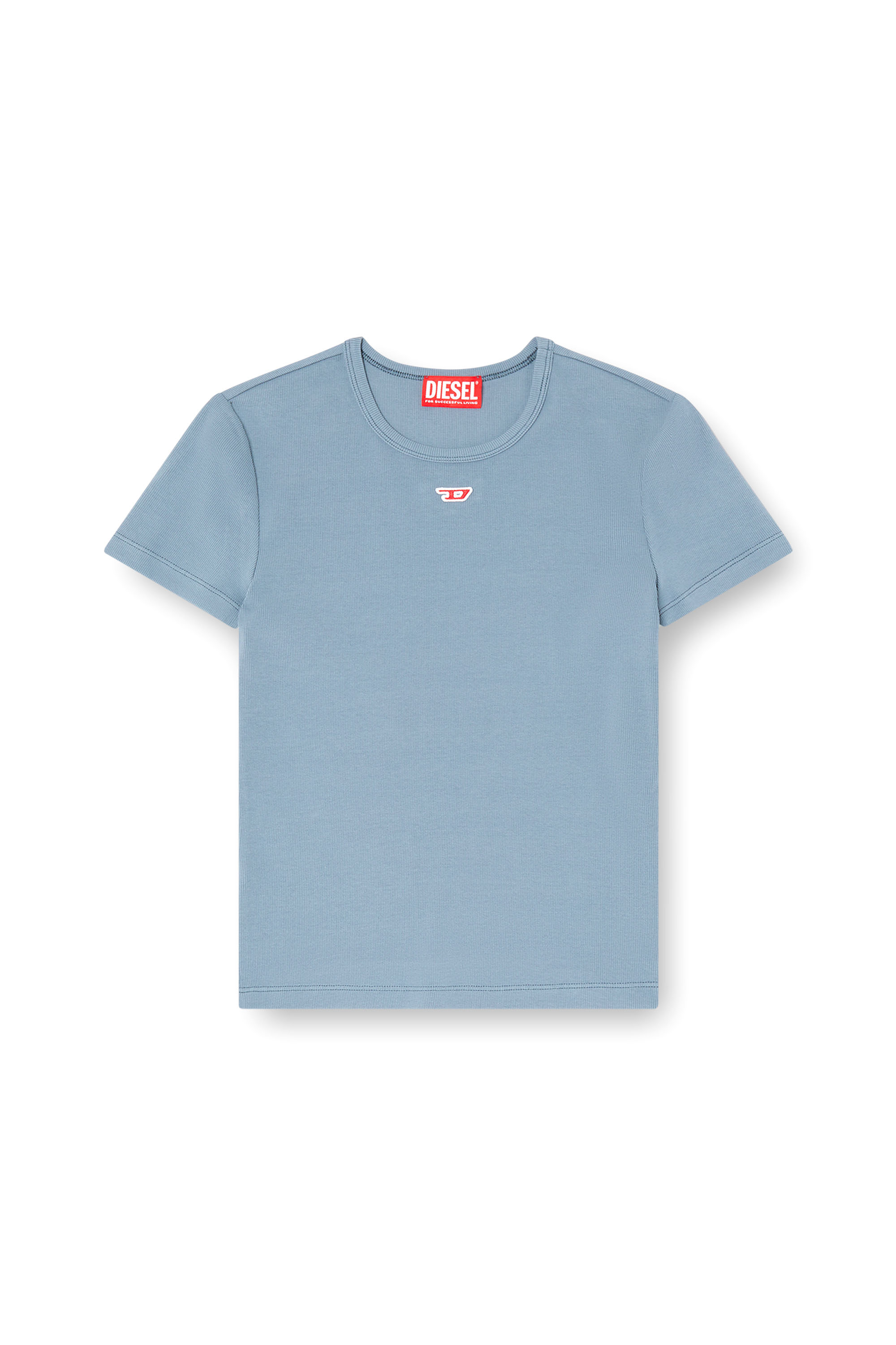 Diesel - T-ELE-LONG-D, T-shirt avec patch logo D Femme in Bleu - 3