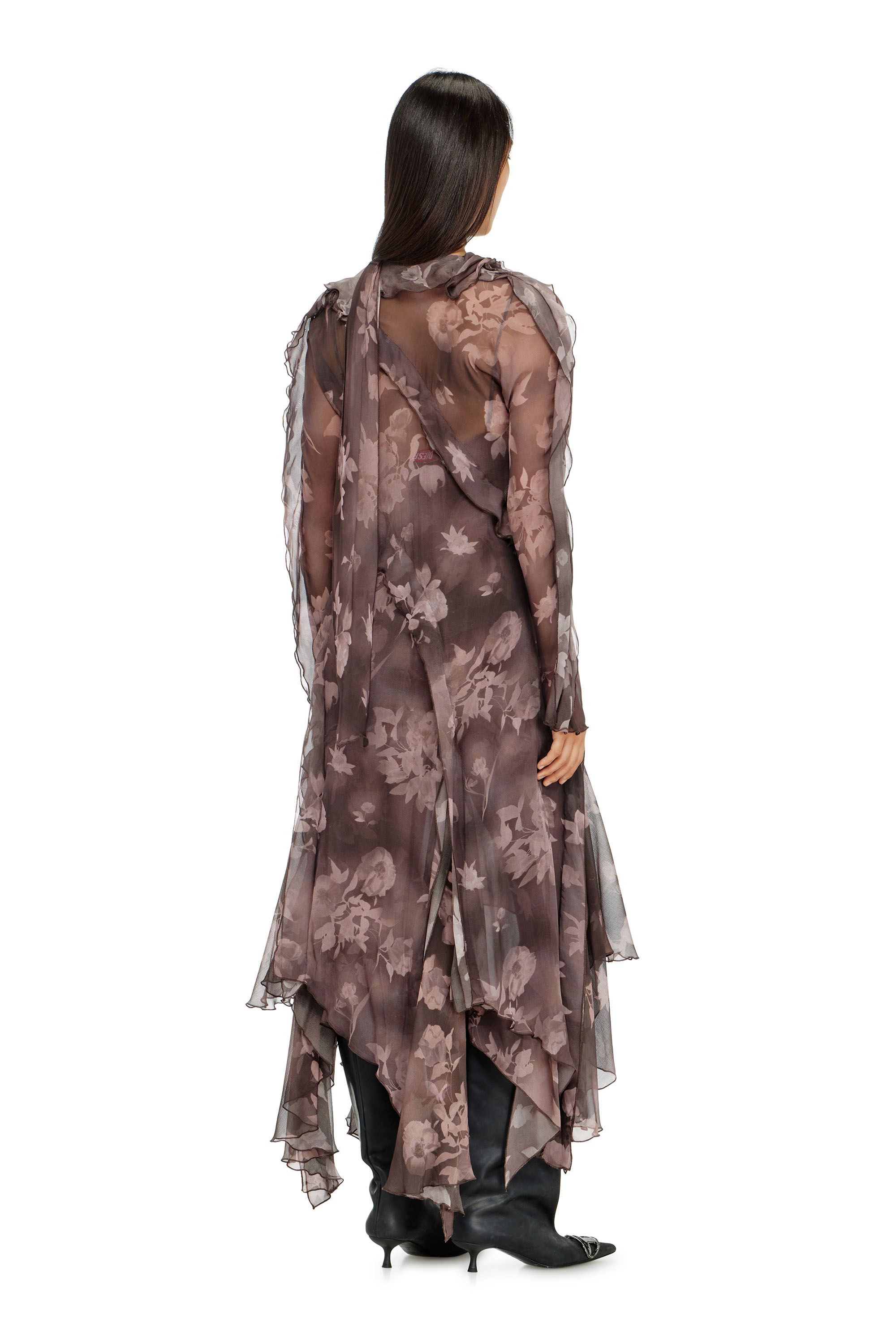 Diesel - D-RIADI, Robe midi asym&eacute;trique en chiffon et cr&ecirc;pe de soie Femme in Marron - 4
