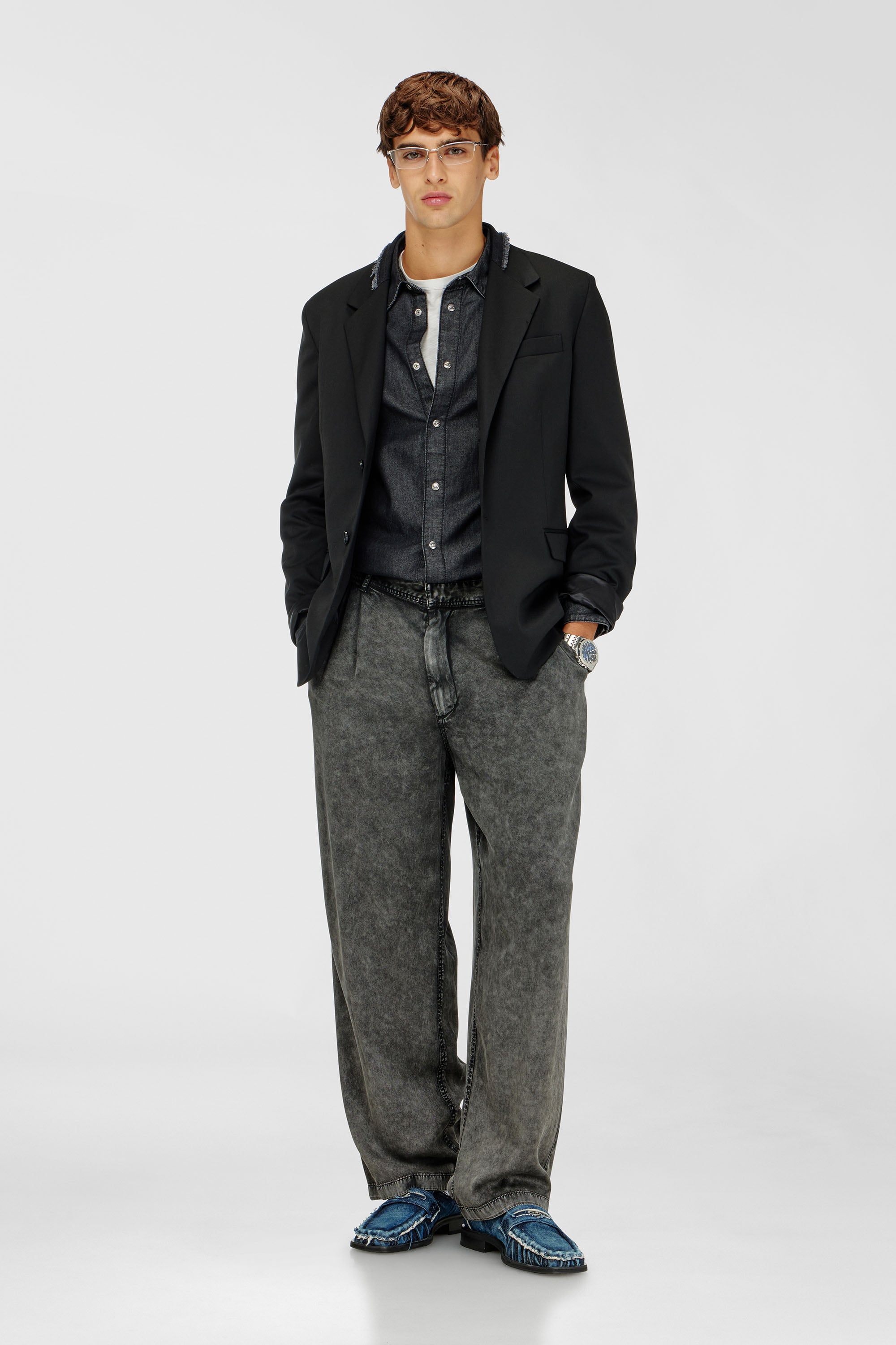 Diesel - P-FAUST-NIBC, Pantalon wide-leg en viscose effet denim Homme in Gris - 1