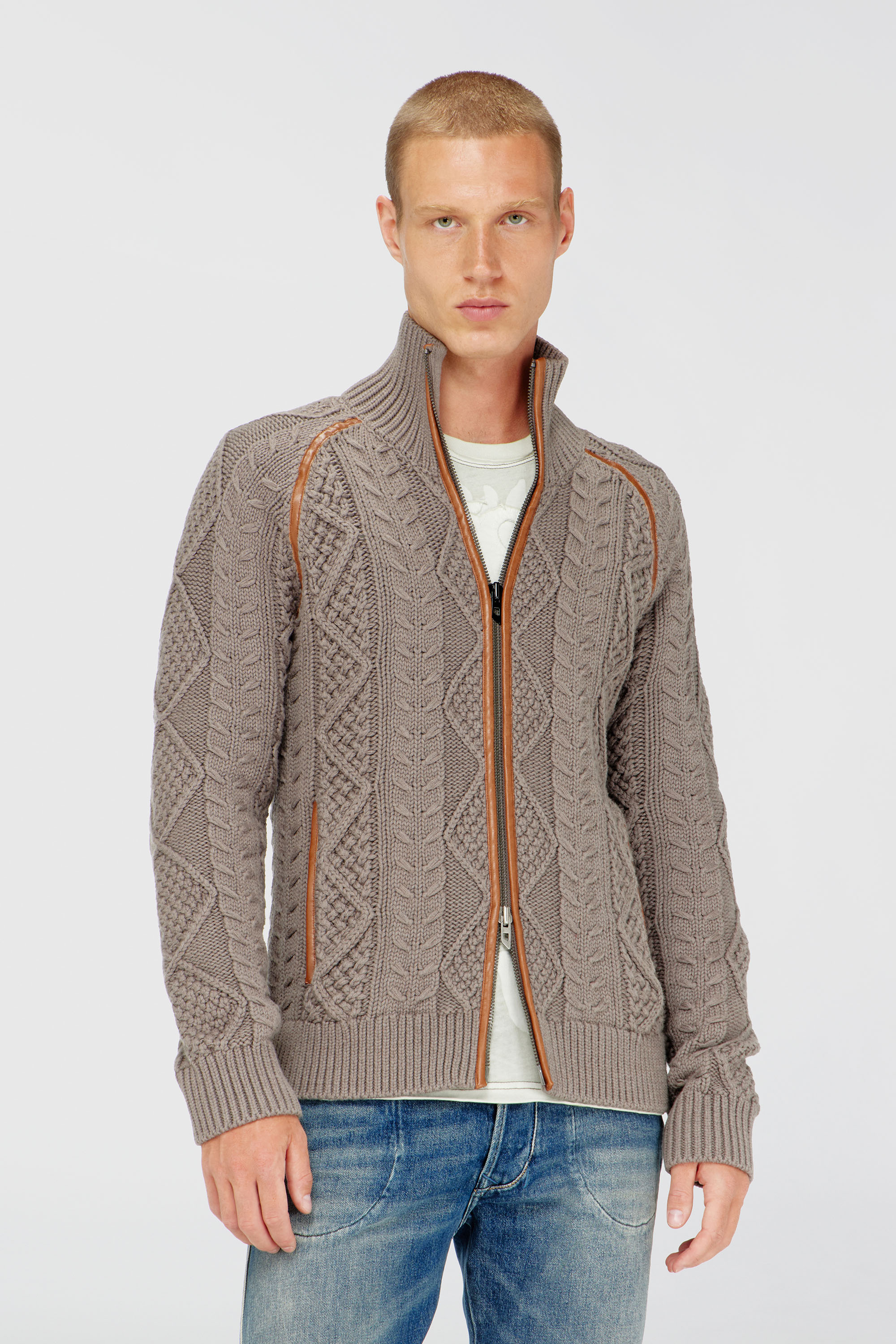 Diesel - K-INOKI, Cardigan zip en maille torsad&eacute;e Homme in Gris - 3