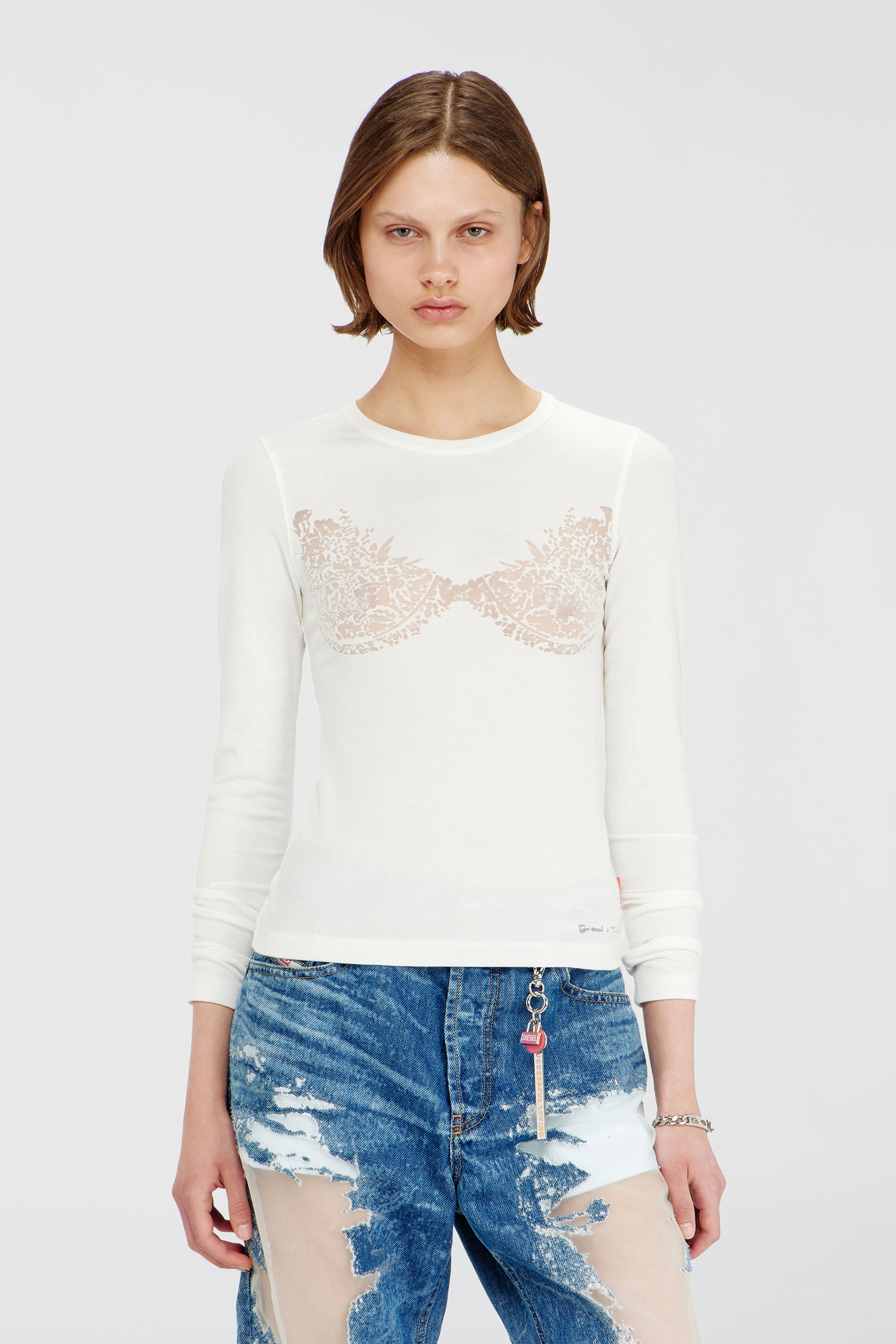 Diesel - PR-T-MOKKI-LS-R, Top avec effet dentelle devor&eacute; Femme in Blanc - 2