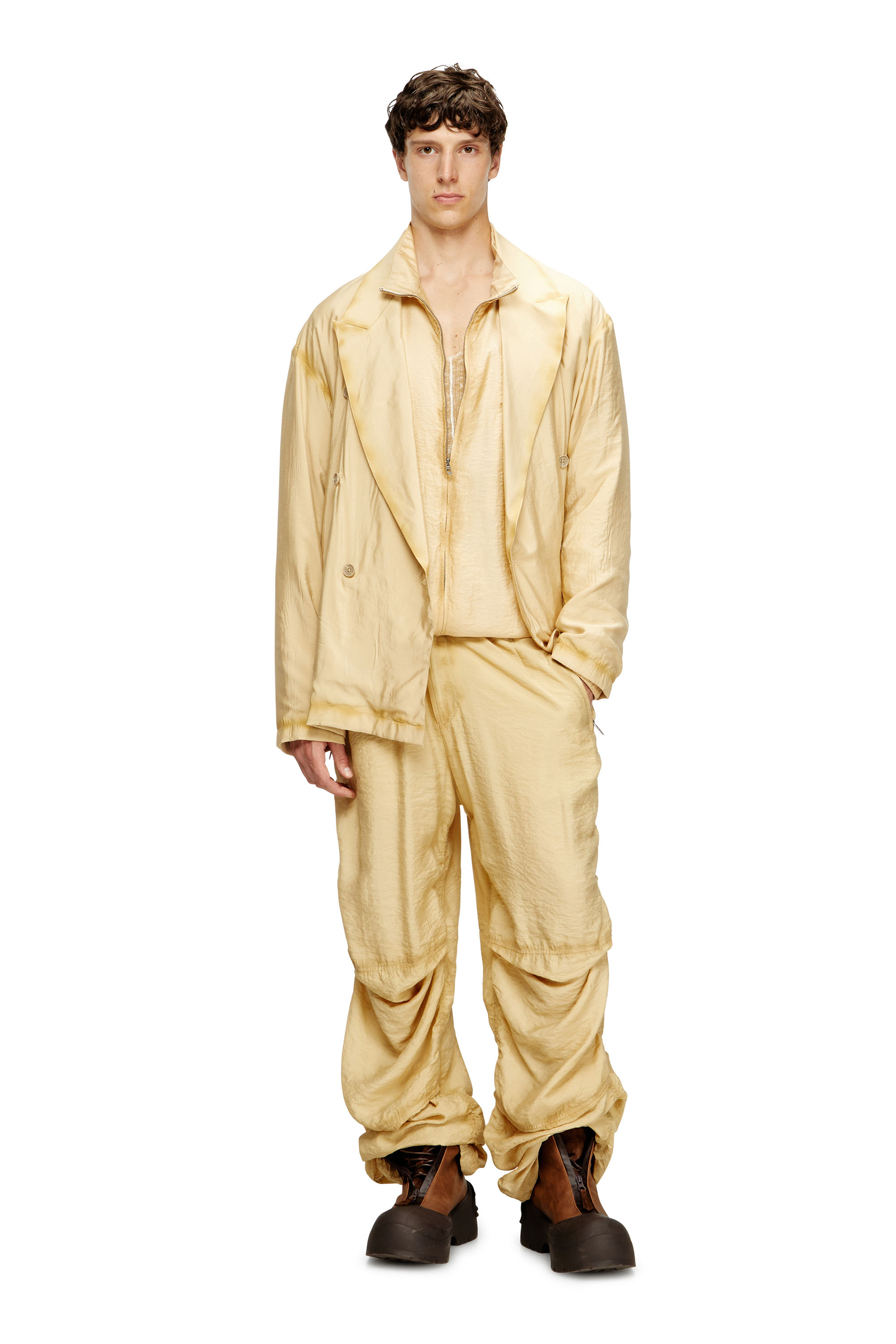 Diesel - J-KEYSERY, Blazer croisé en tissu froissé Homme in Beige - 1