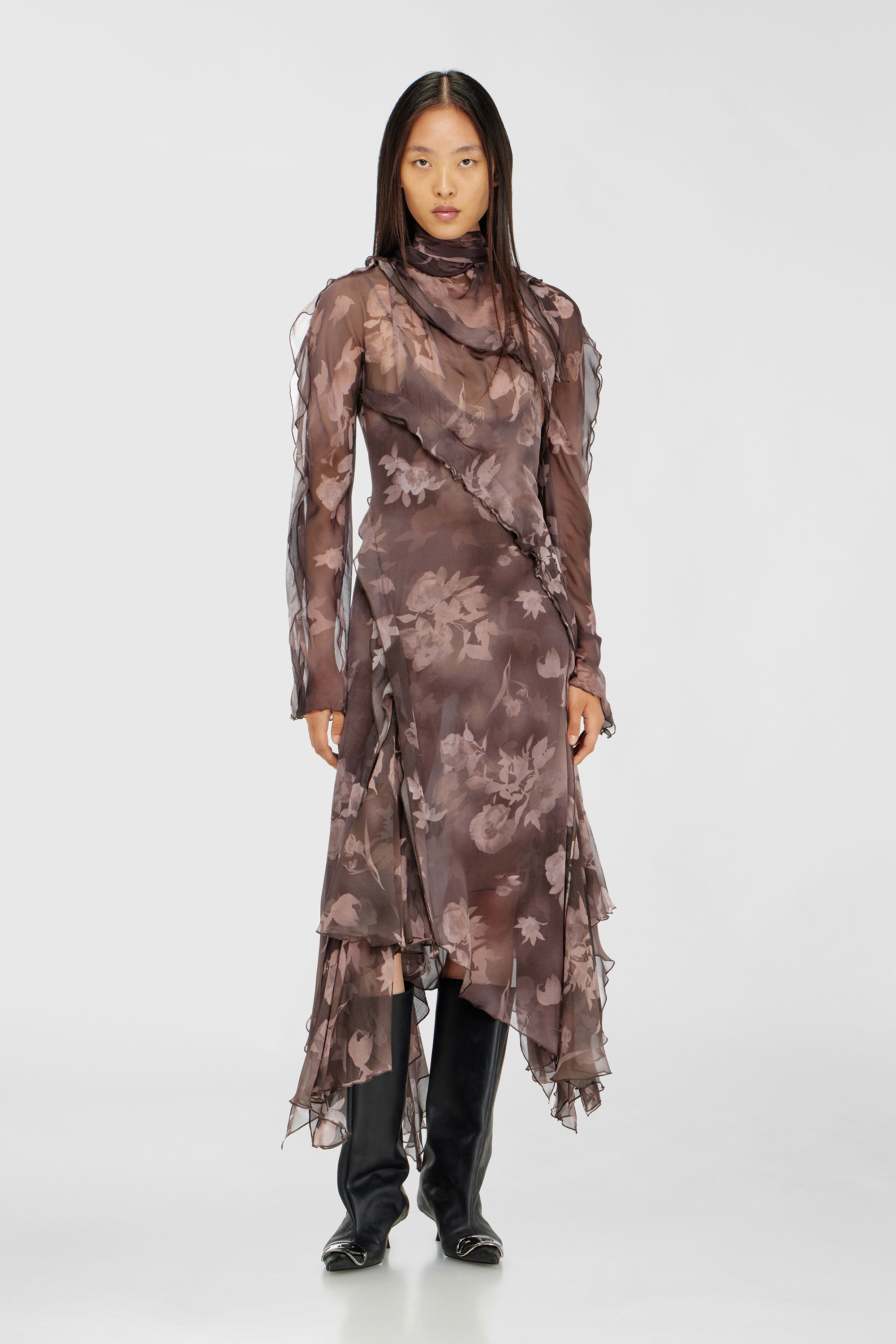 Diesel - D-RIADI, Robe midi asym&eacute;trique en chiffon et cr&ecirc;pe de soie Femme in Marron - 3