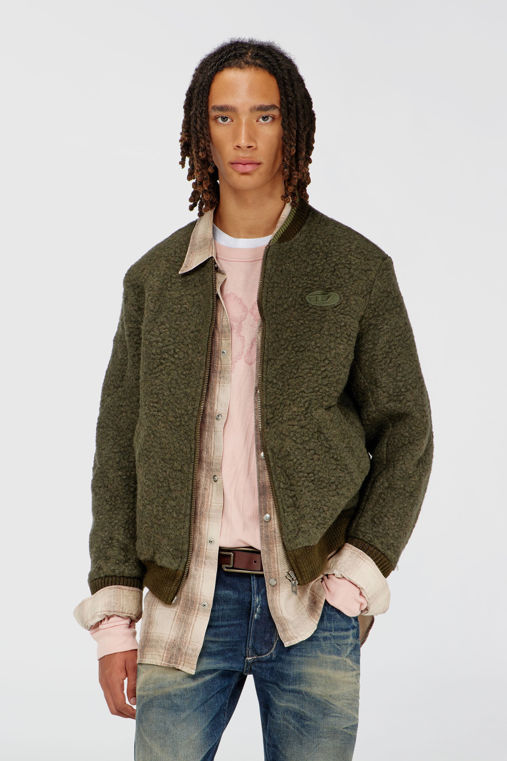 Diesel - S-REDS, Blouson bomber en laine m&eacute;lang&eacute;e avec finitions c&ocirc;tel&eacute;es Homme in Vert - 1