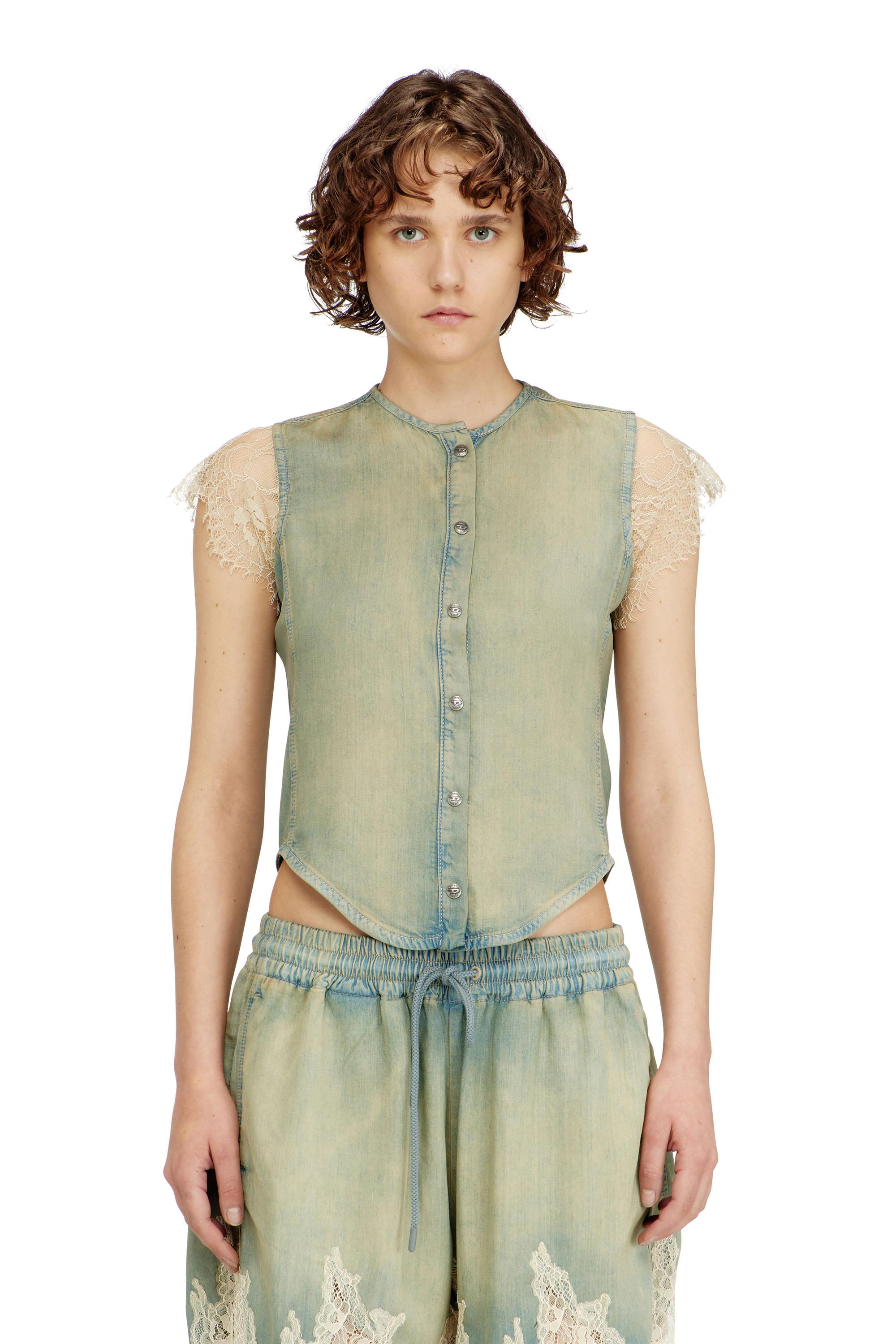 Diesel - DE-MALKA-S, Chemise &agrave; manches courtes en denim et dentelle Femme in ToBeDefined - 1