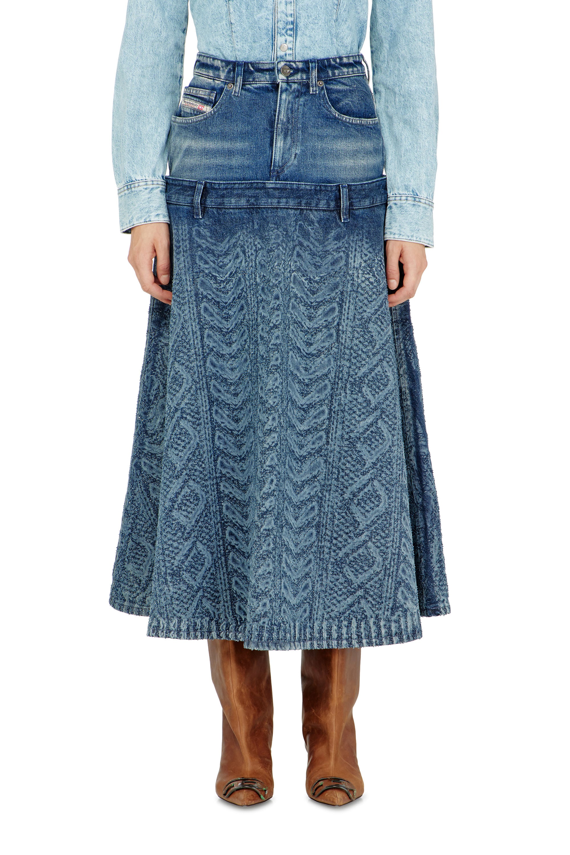 Diesel - DE-VORYA-S1, Jupe midi en denim effet maille torsad&eacute;e Femme in Bleu - 2