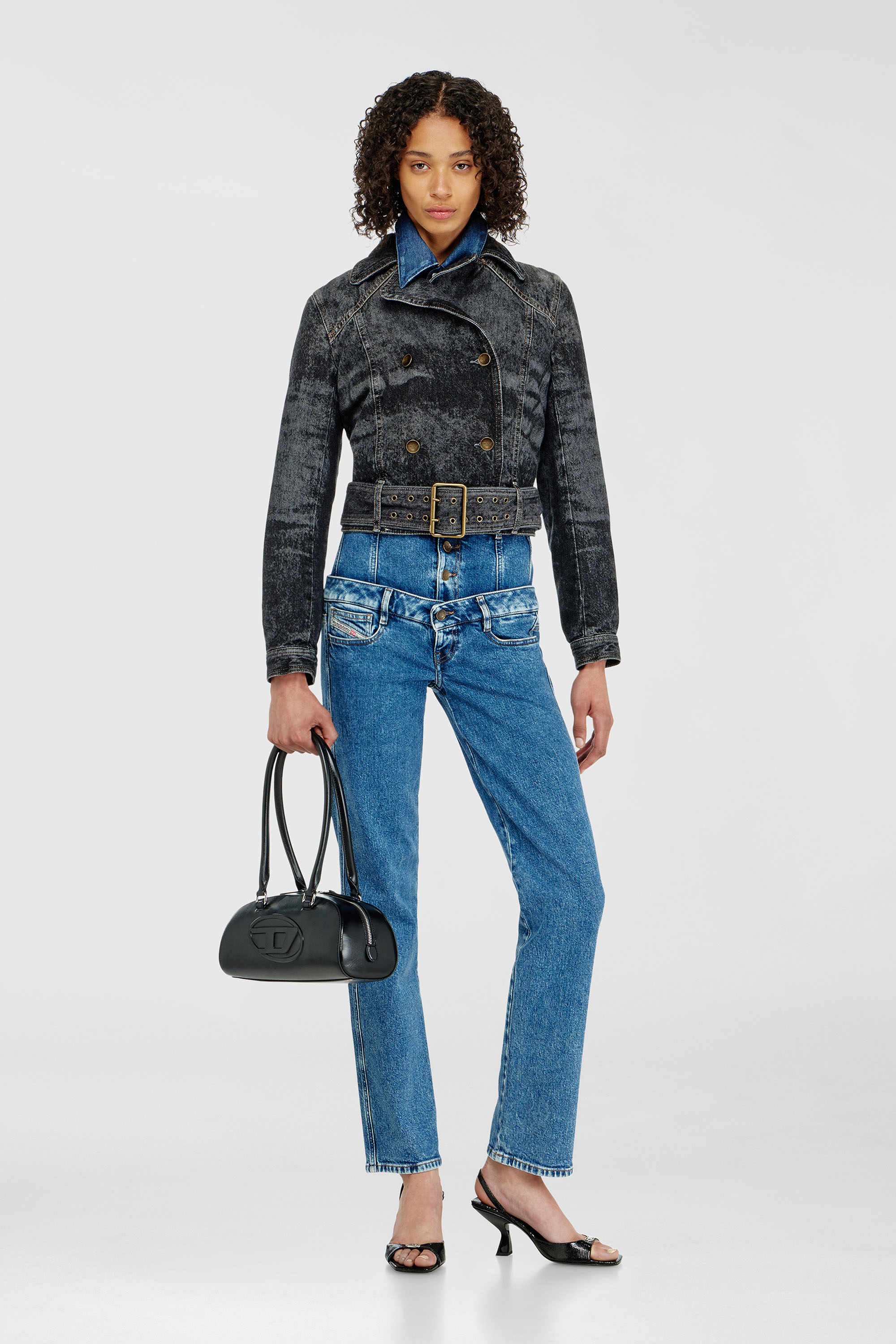 Diesel - DE-LEGEND-S, Veste en denim cropped avec ceinture Femme in Noir - 1