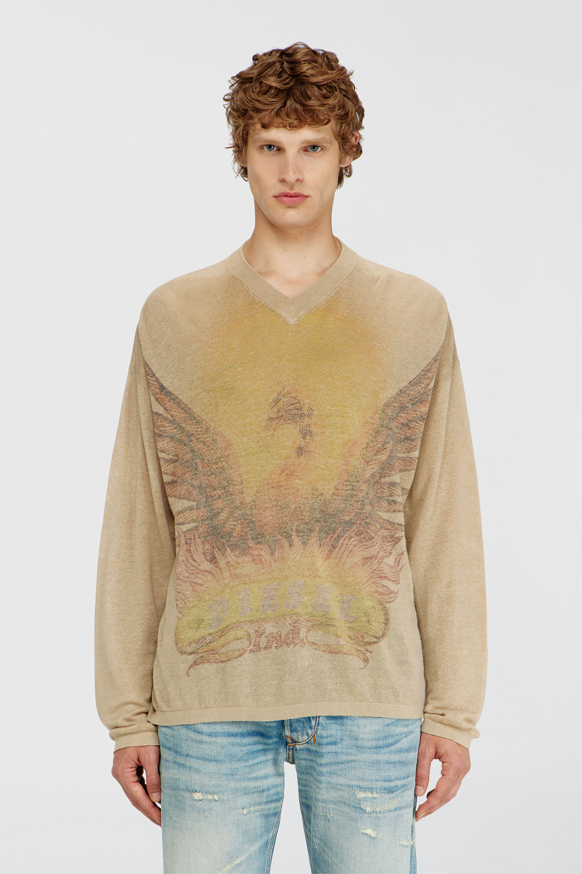 Diesel - K-ARMINS, Pull en lin avec imprim&eacute; Phoenix d&eacute;lav&eacute; Homme in Beige - 3
