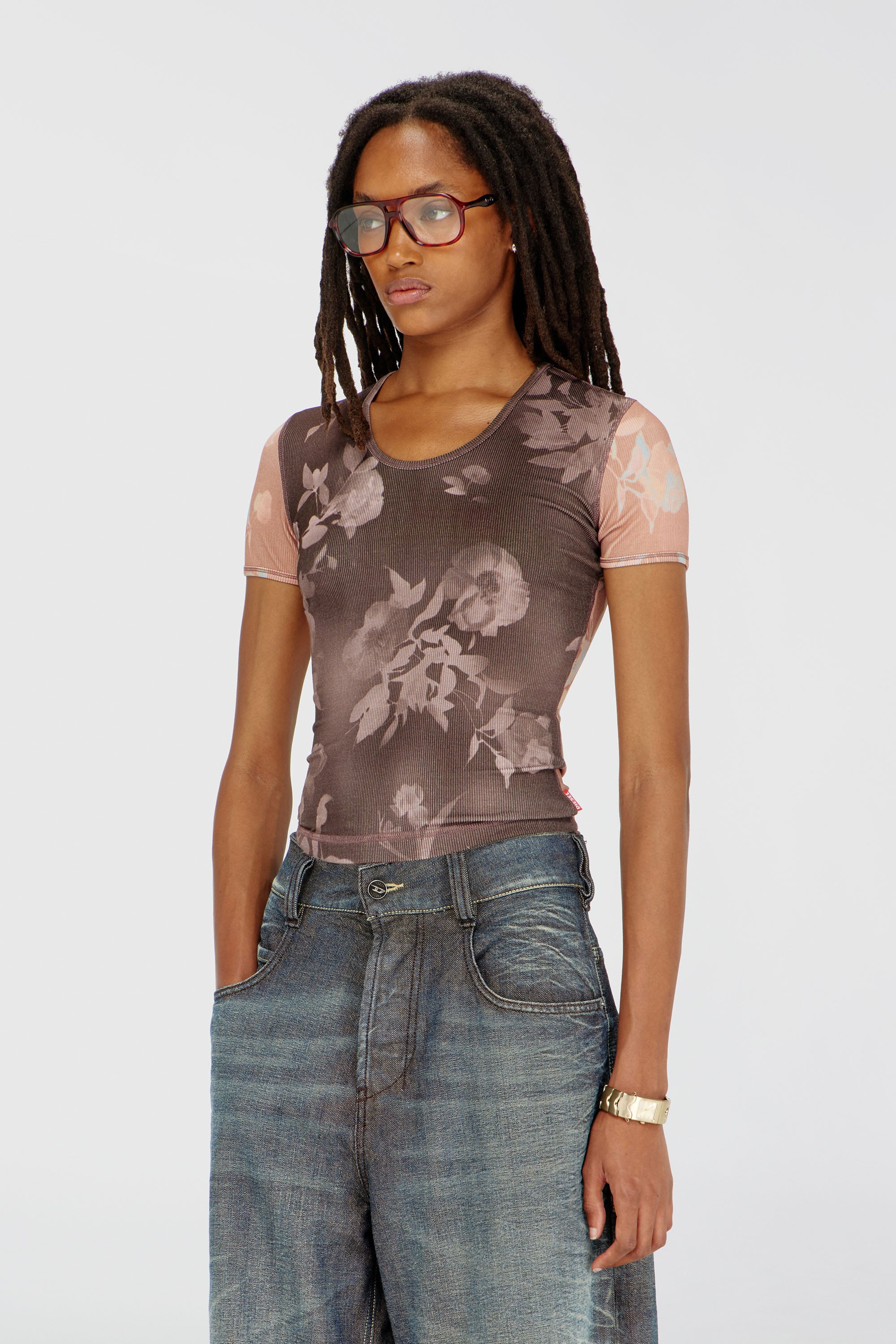 Diesel - T-ELENEWU, Woman's Top in floral-print ribbed jersey in Brown/Pink - 1
