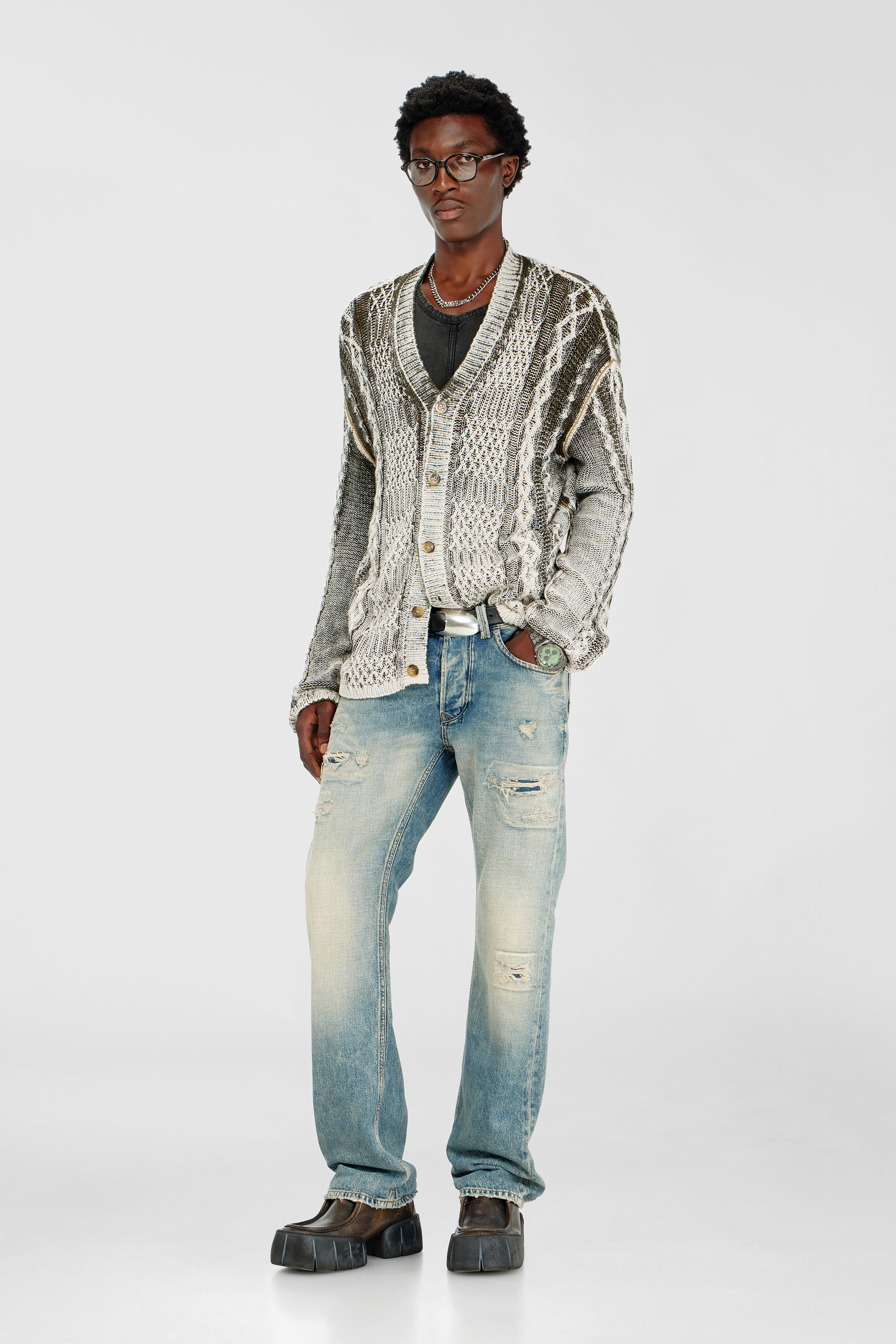 Diesel - K-MIOTO, Cardigan en maille torsad&eacute;e trait&eacute; Homme in Polychrome - 2