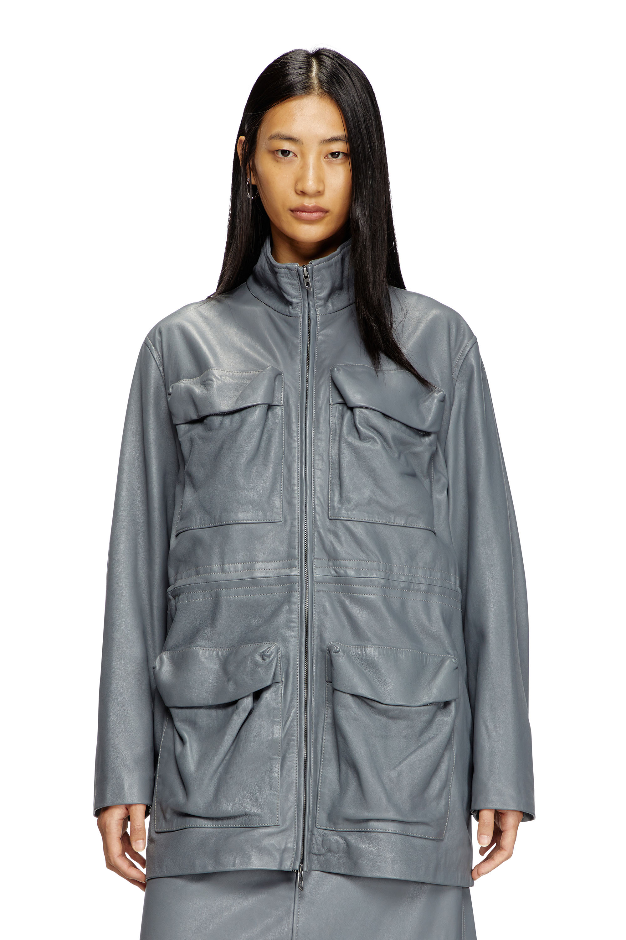 Diesel - L-WEN, Veste style militaire en cuir Femme in Gris - 1