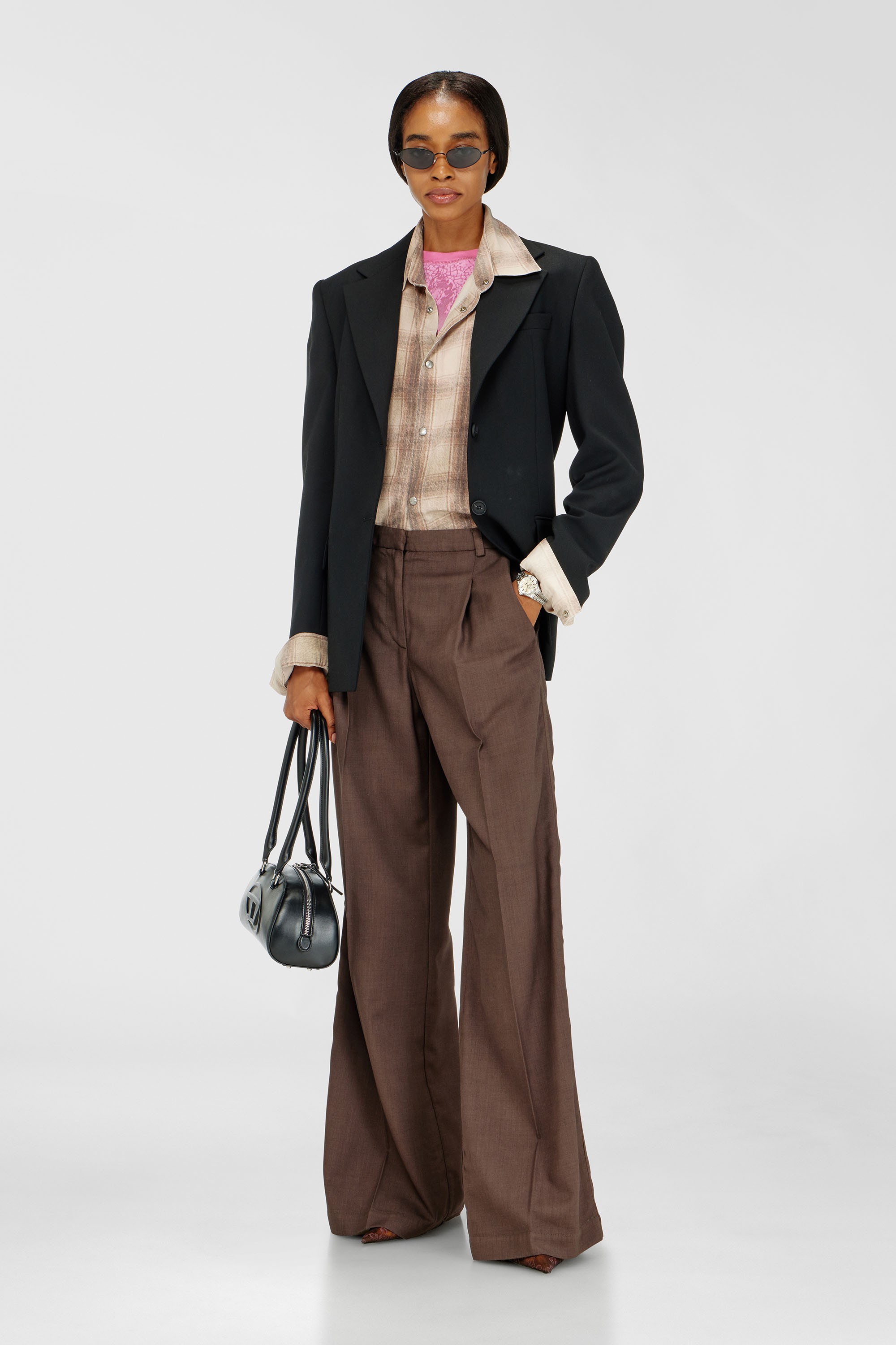 Diesel - P-ARIDE, Pantalon large pliss&eacute; en laine stretch Femme in Marron - 1