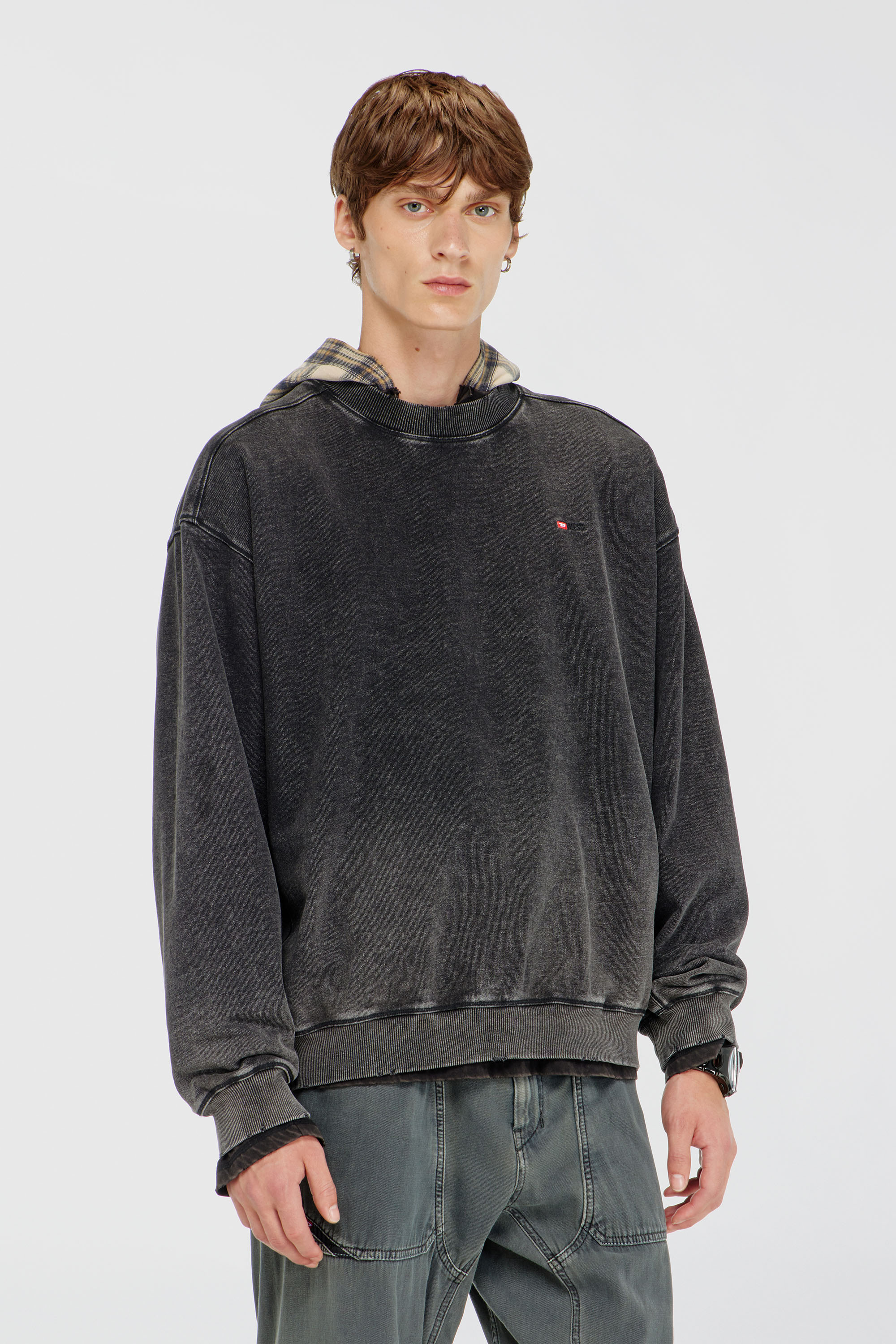Diesel - S-CROX, Sweat-shirt en coton effet d&eacute;lav&eacute; Homme in Gris - 3