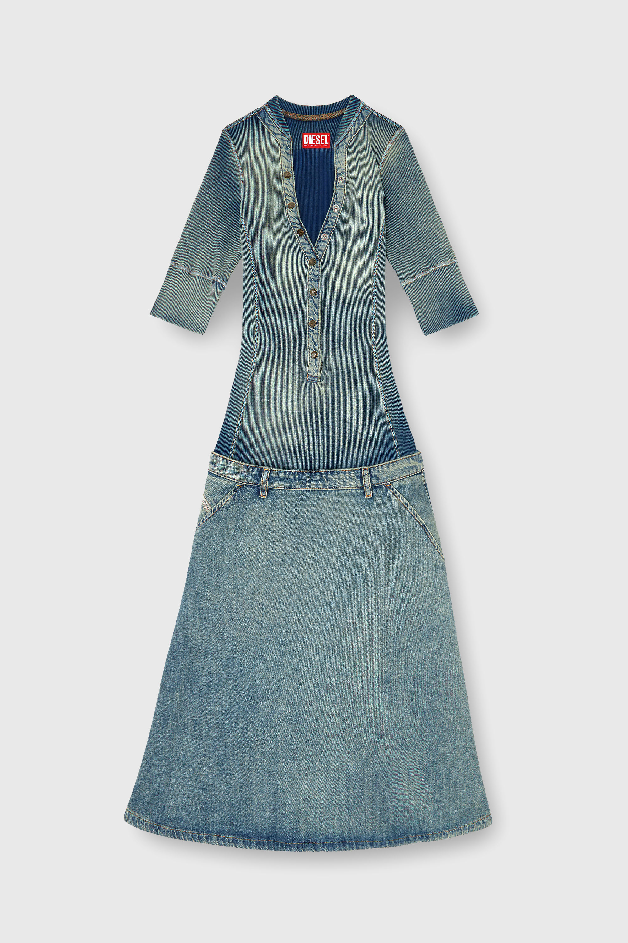 Diesel - DE-ANIM-S, Robe midi &agrave; taille basse en maille et denim Femme in Bleu - 2