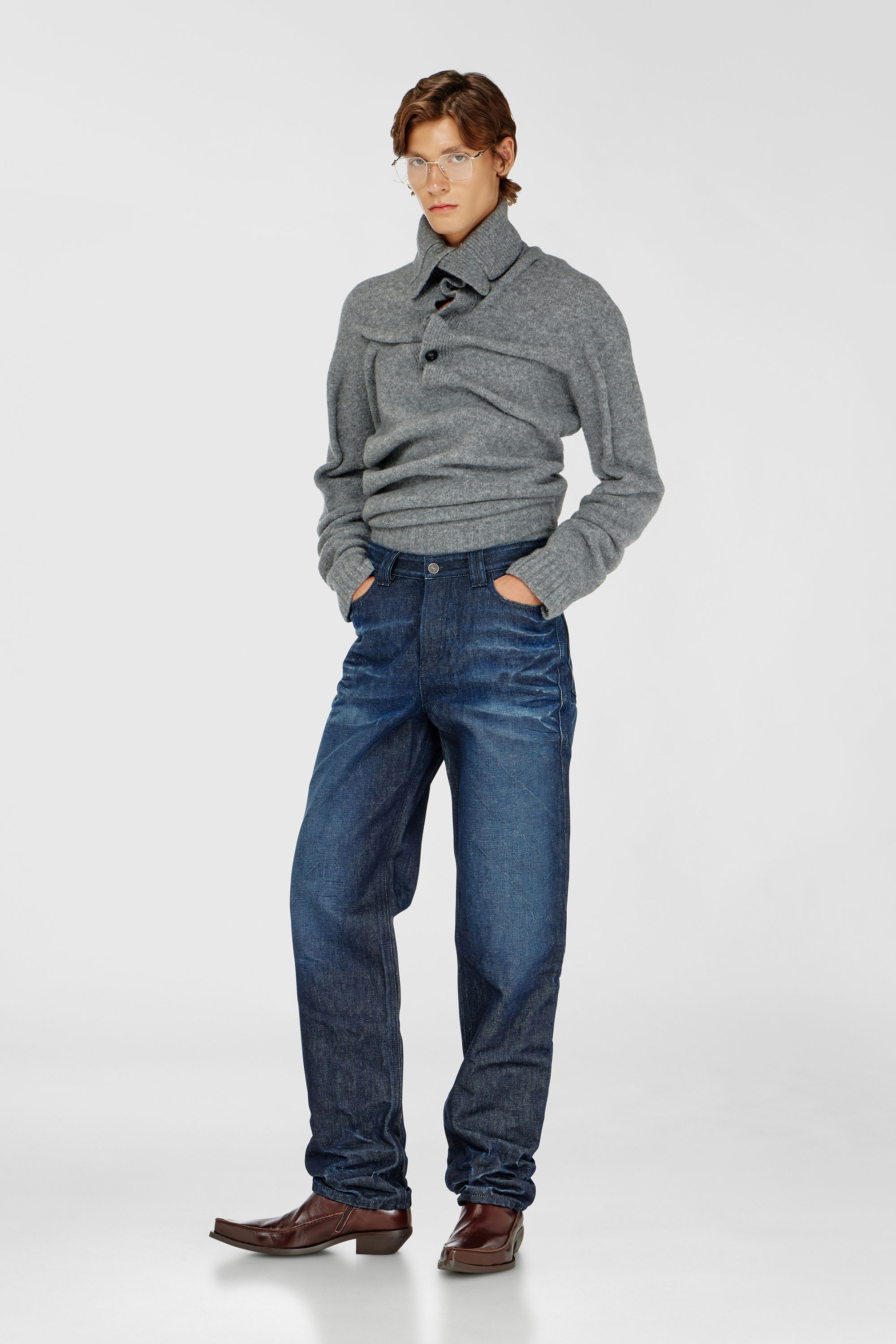 Diesel - K-ANDREW, Pull col boutonnage en maille bouillie froiss&eacute;e Homme in ToBeDefined - 1