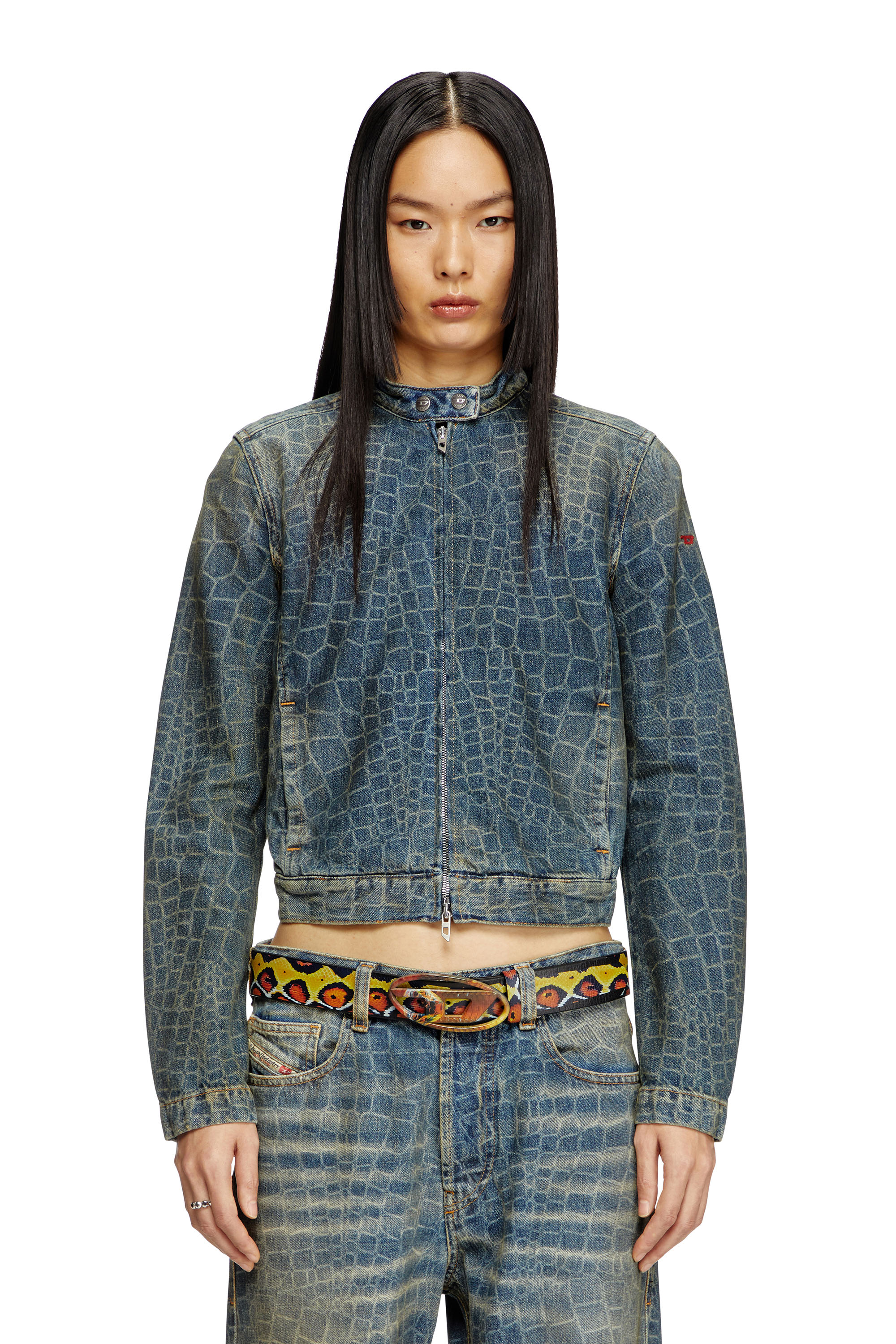 Diesel - CL-DE-MORNIN-SNAKE, Veste biker en denim avec imprimé serpent Femme in Bleu - 1