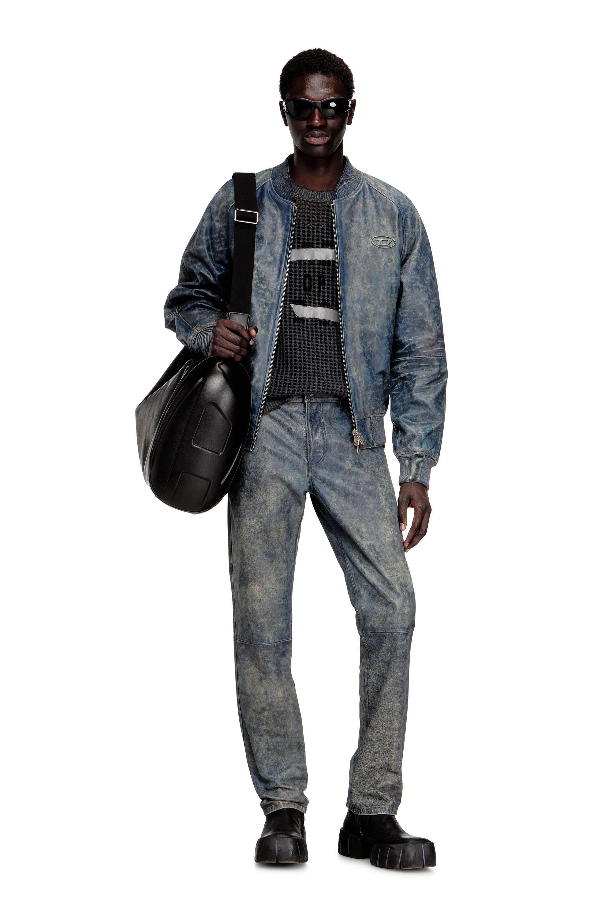 Diesel - L-COBB, Blouson aviateur en cuir trait&eacute; Homme in Bleu - 2