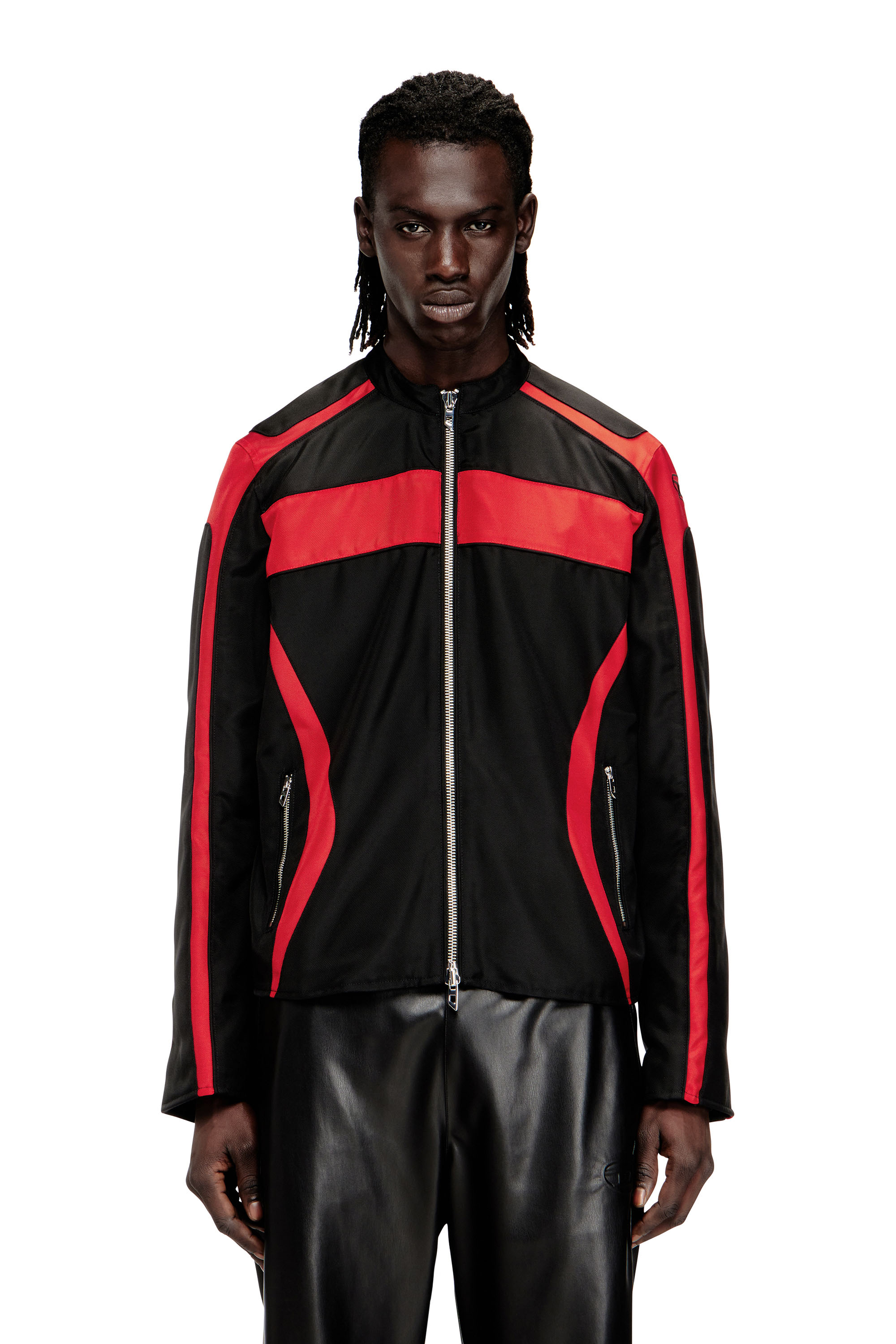 Diesel - J-ADAM-PDAI, Man's Biker-style jacket in colour-block canvas in Black/Red - 1