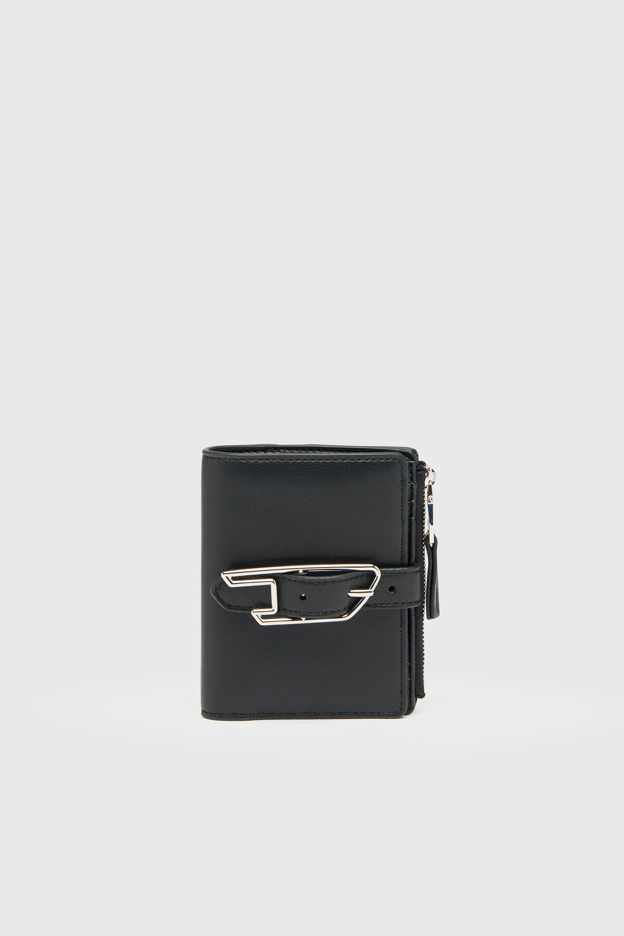 Bi-fold wallet in coated leather with belt detail