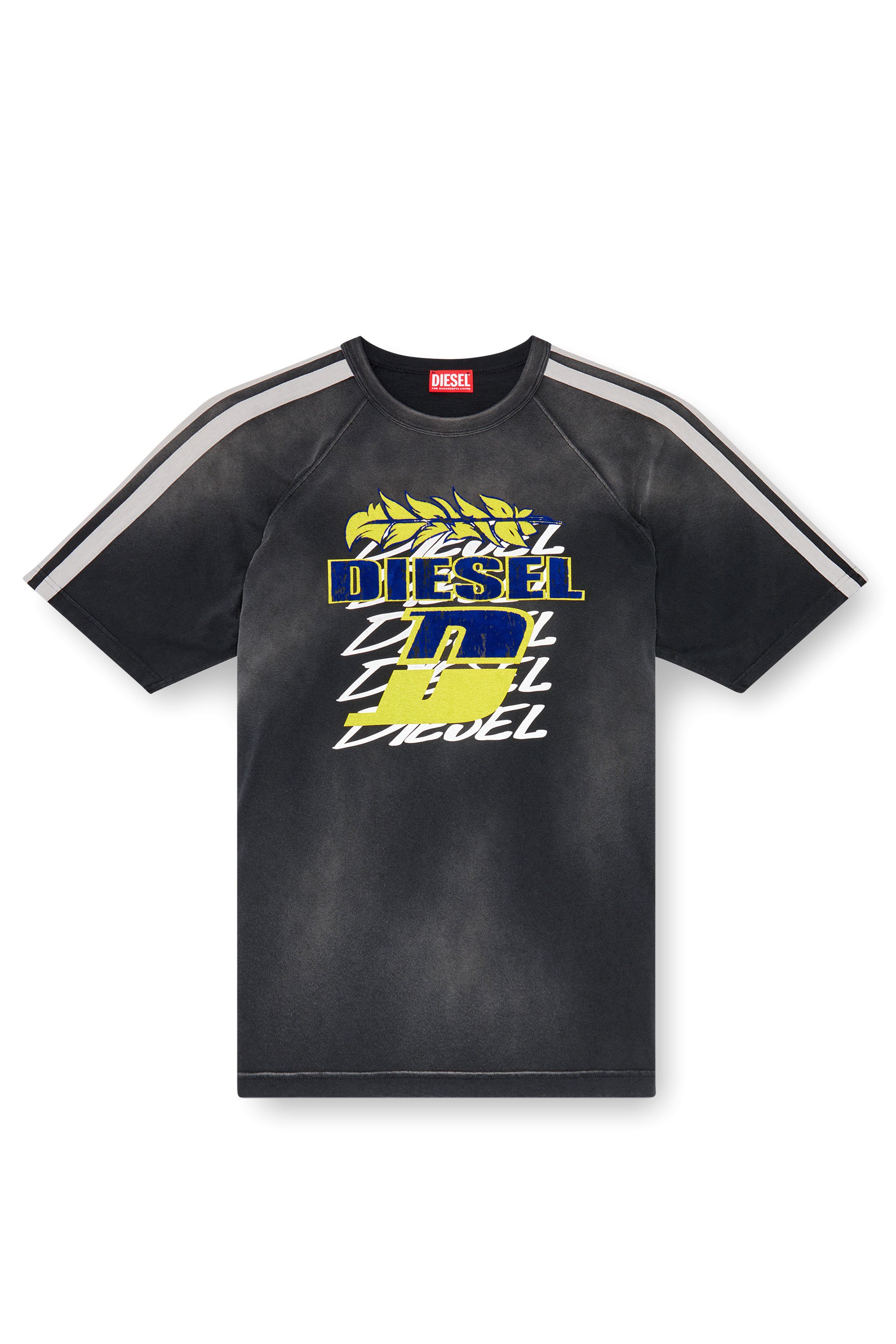 Diesel - T-ROXT-STRIPE, Man Faded T-shirt with flocked logo print in Black - Image 3