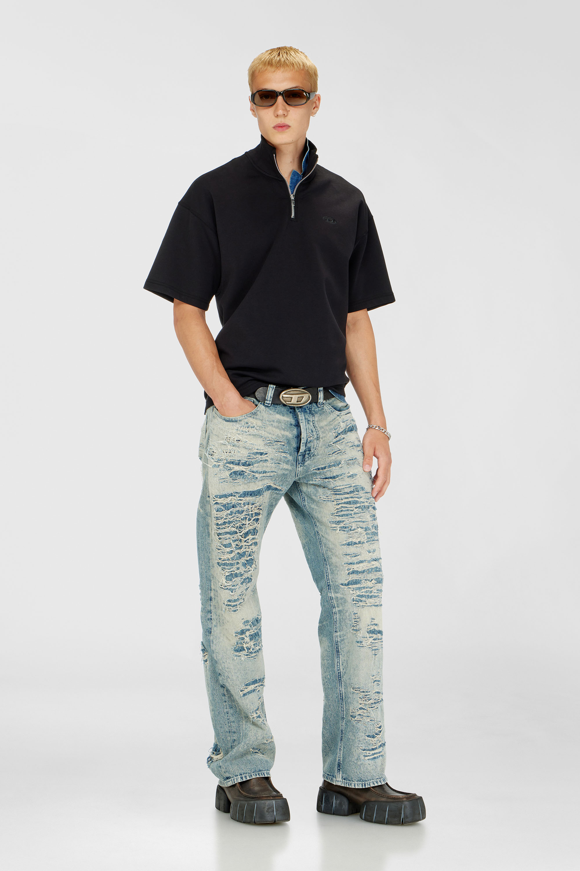 Diesel - S-CUBY, Sweat-shirt &agrave; manches courtes zipp&eacute; en scuba l&eacute;ger Homme in Noir - 1