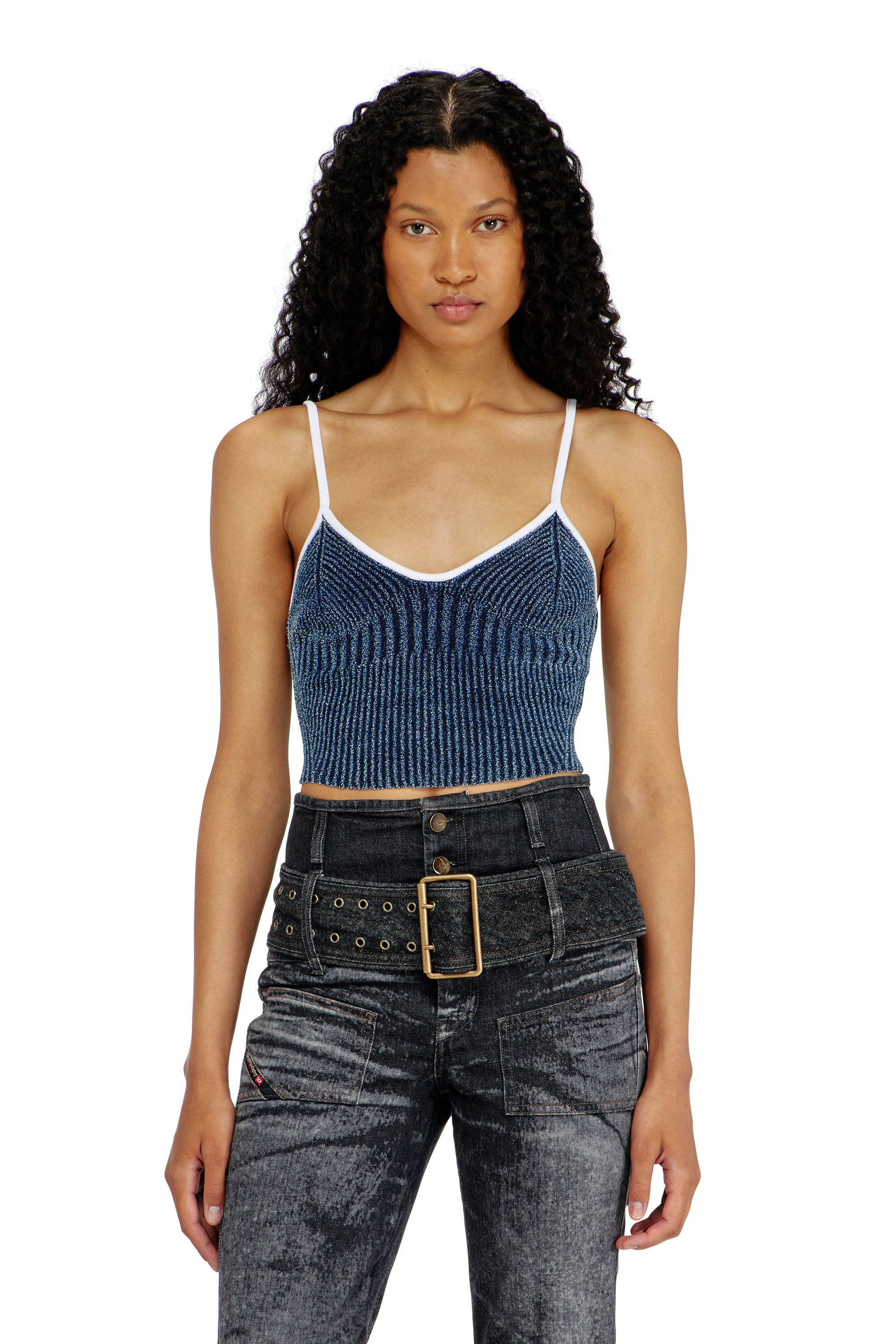 Diesel - M-ESTERE, Crop top en maille c&ocirc;tel&eacute;e indigo boucl&eacute; Femme in Polychrome - 3