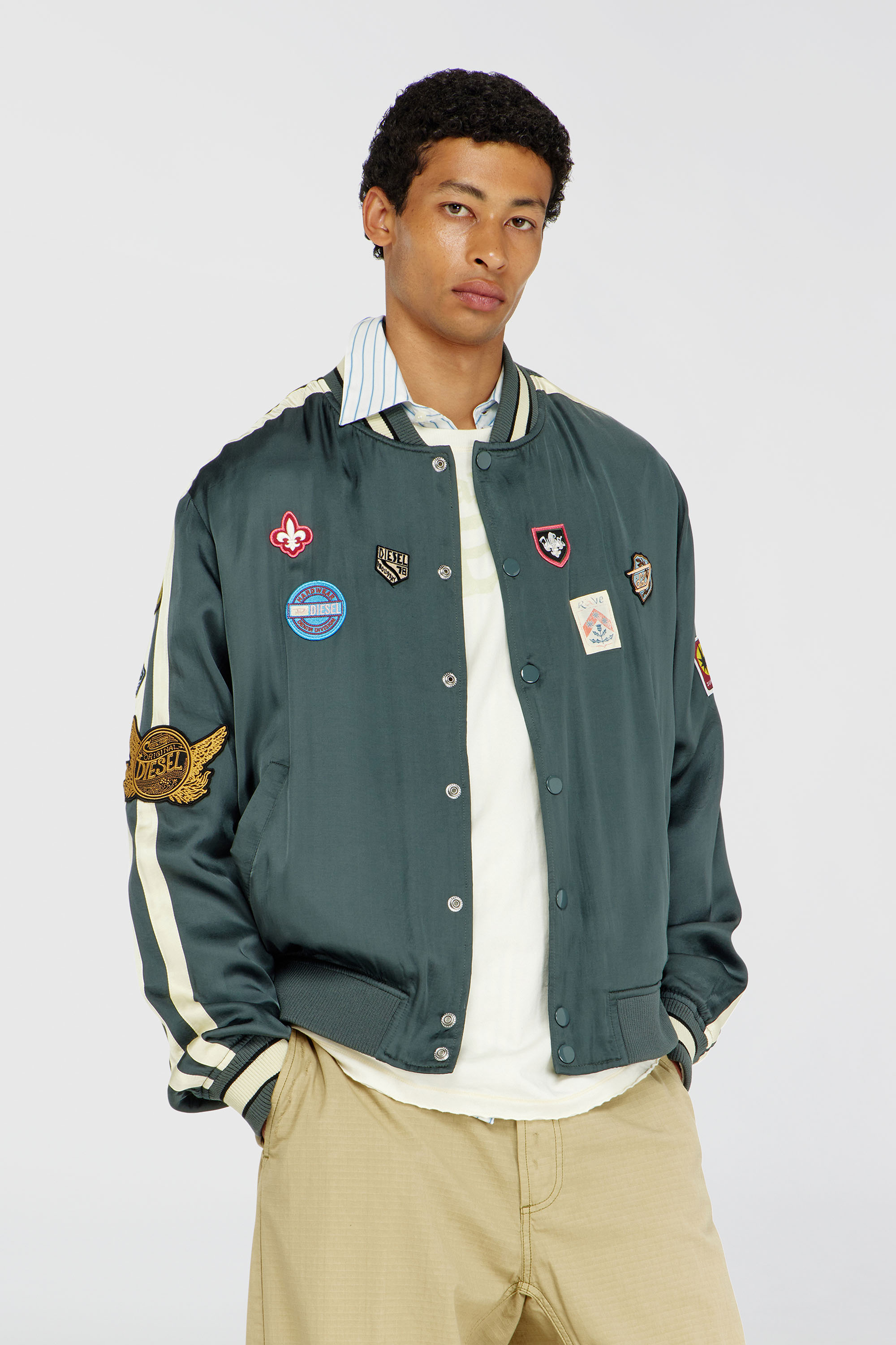 Diesel - J-ANNU, Man's Satin bomber jacket with patches in Dark Green - 1