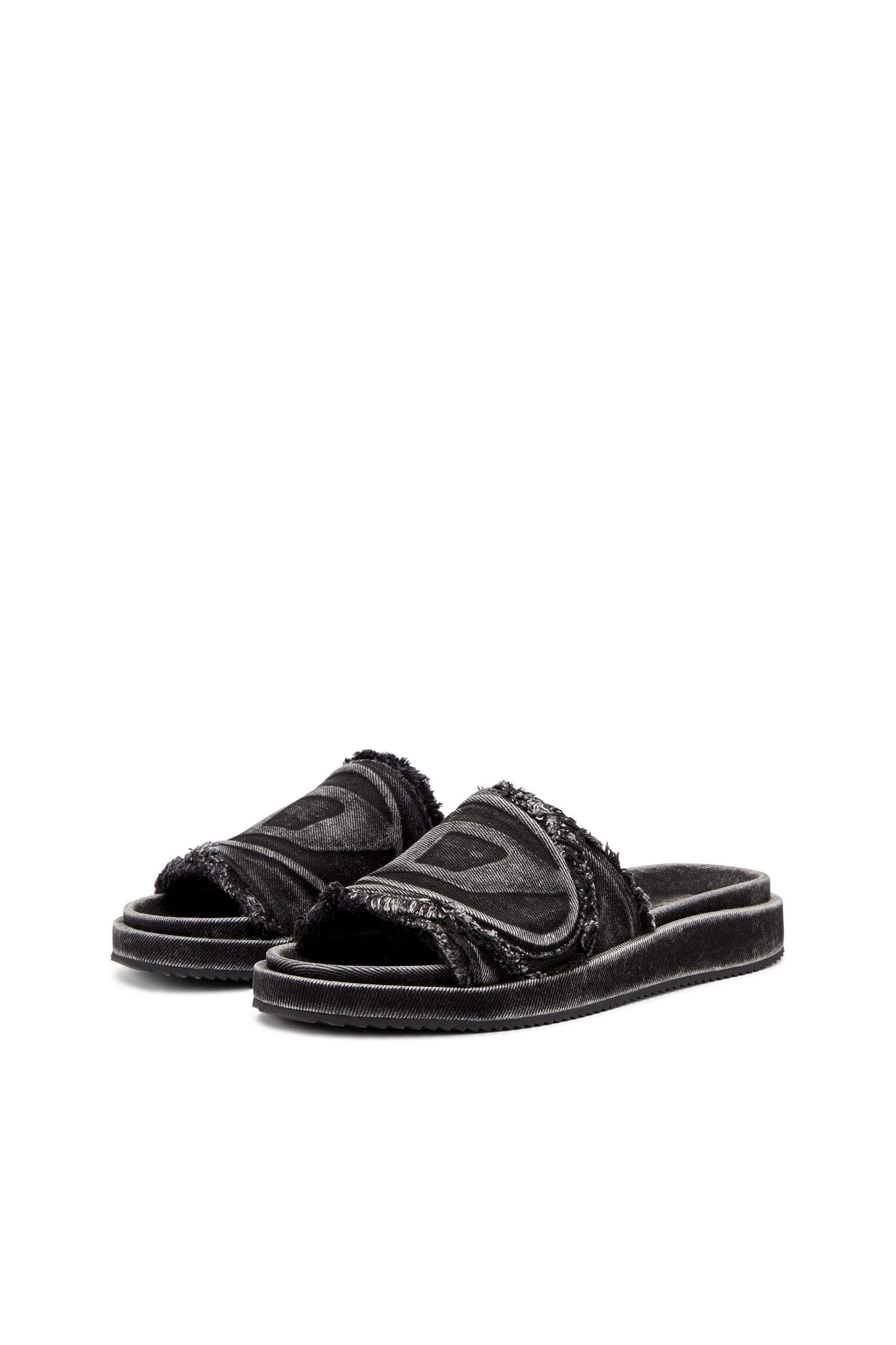 Diesel - SA-SLIDE D OVAL, Claquettes en denim vieilli Mixte in Noir - 8