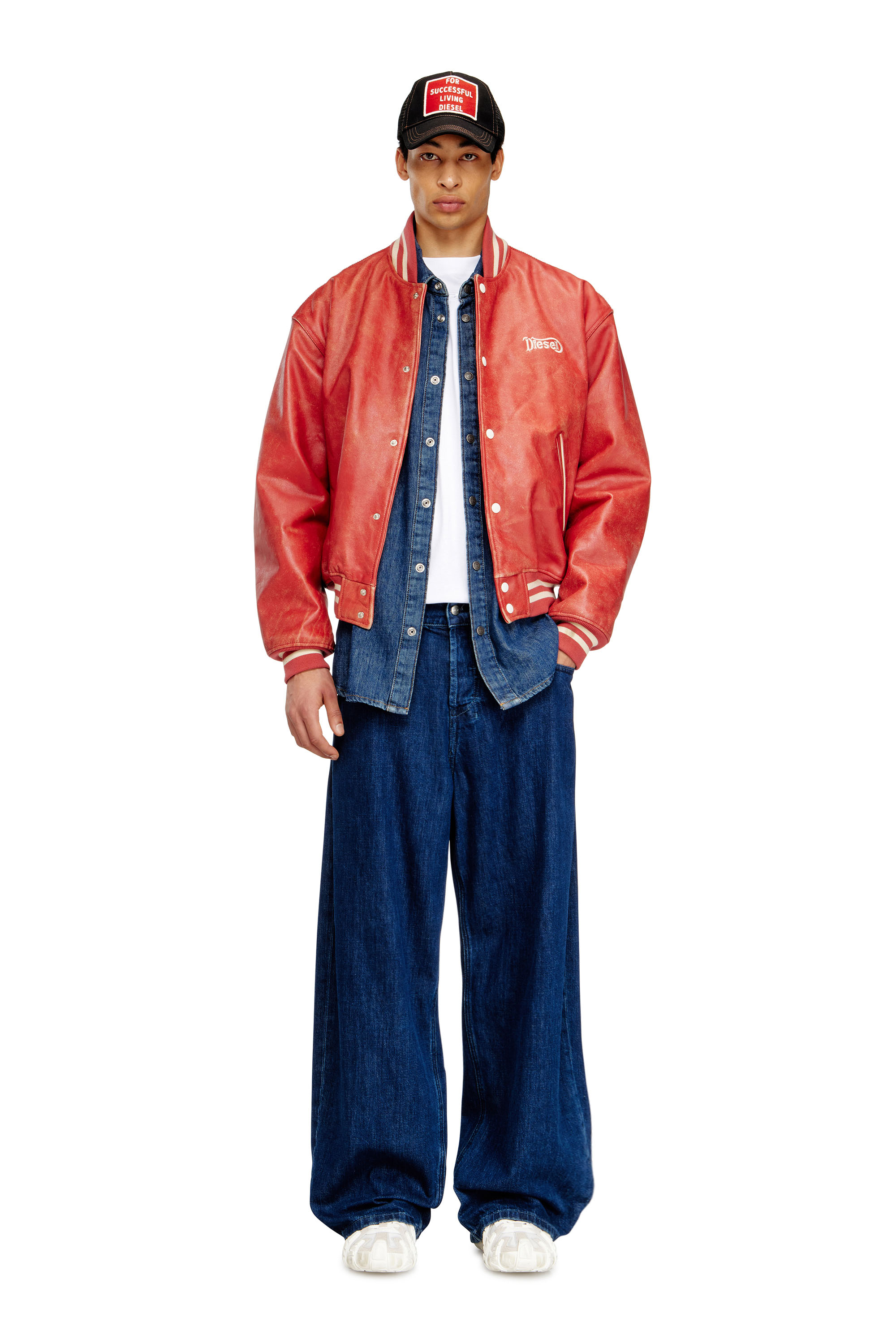 Diesel - L-DIFORDI-20TH, Blouson aviateur en cuir avec logo Diesel Mixte in Rouge - 1
