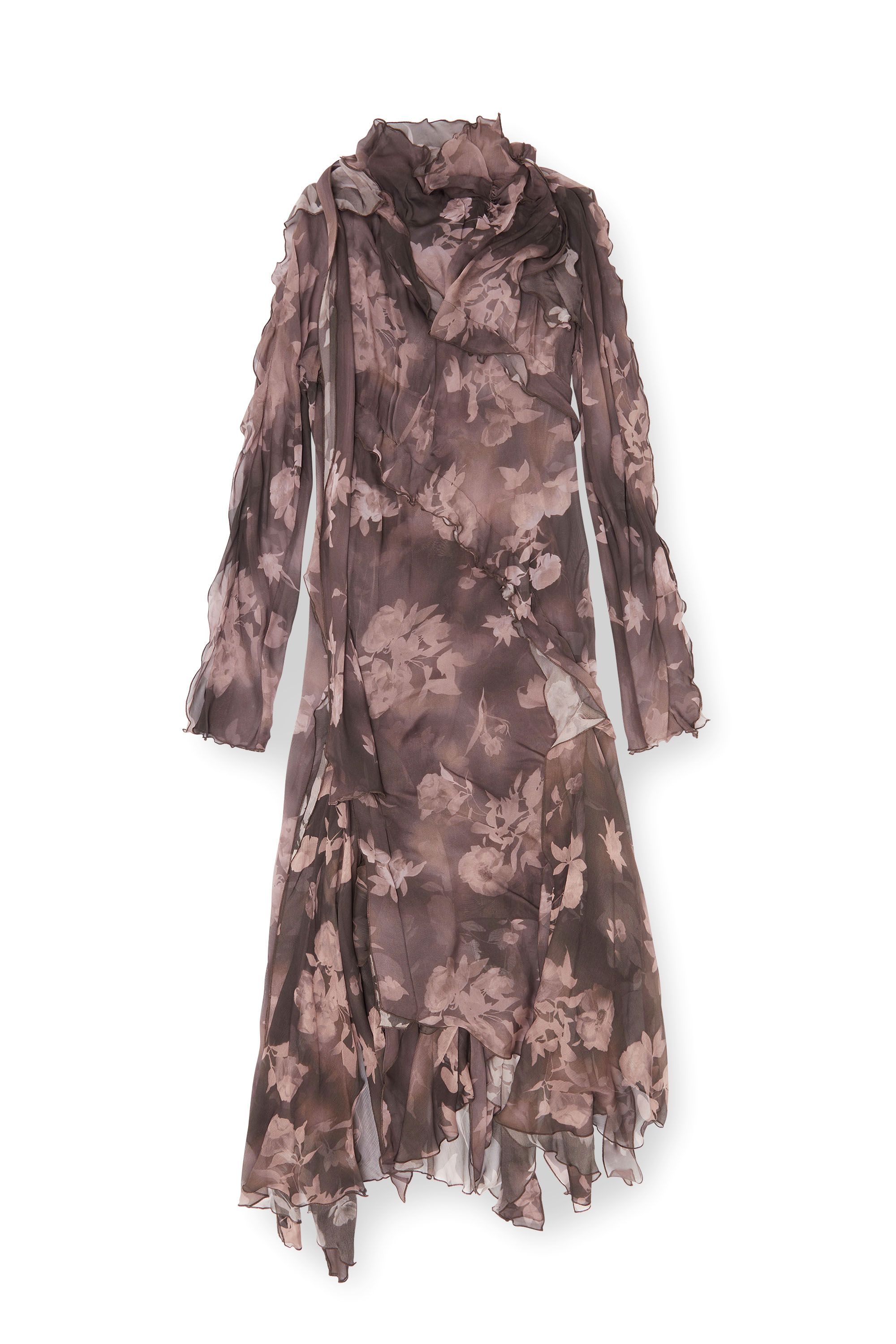 Diesel - D-RIADI, Robe midi asym&eacute;trique en chiffon et cr&ecirc;pe de soie Femme in Marron - 1