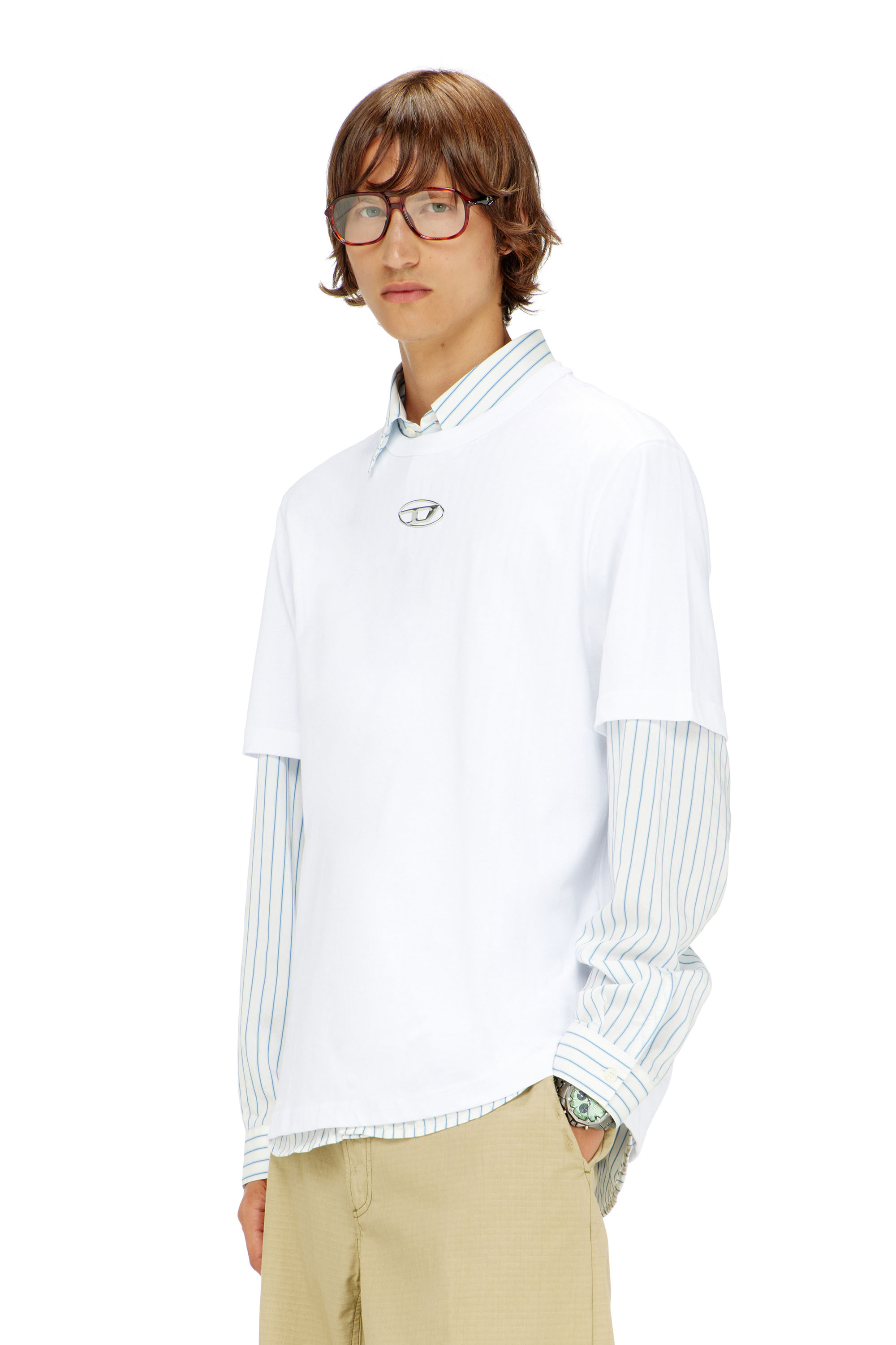 Diesel - T-ADJUST-OD, T-shirt avec logo Oval D m&eacute;tallis&eacute; Homme in Blanc - 3
