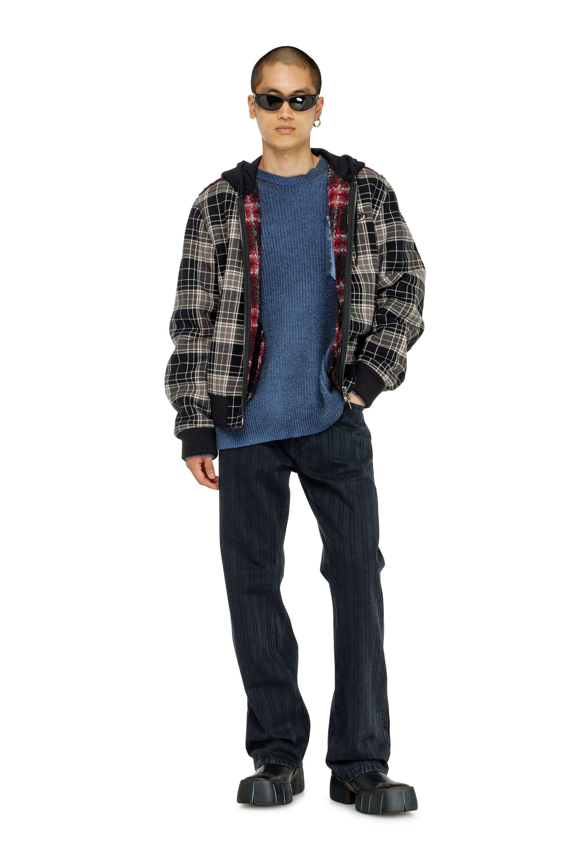 Diesel - W-KUNST, Man's Check-flannel bomber jacket with teddy interior in Grey/Black - 1