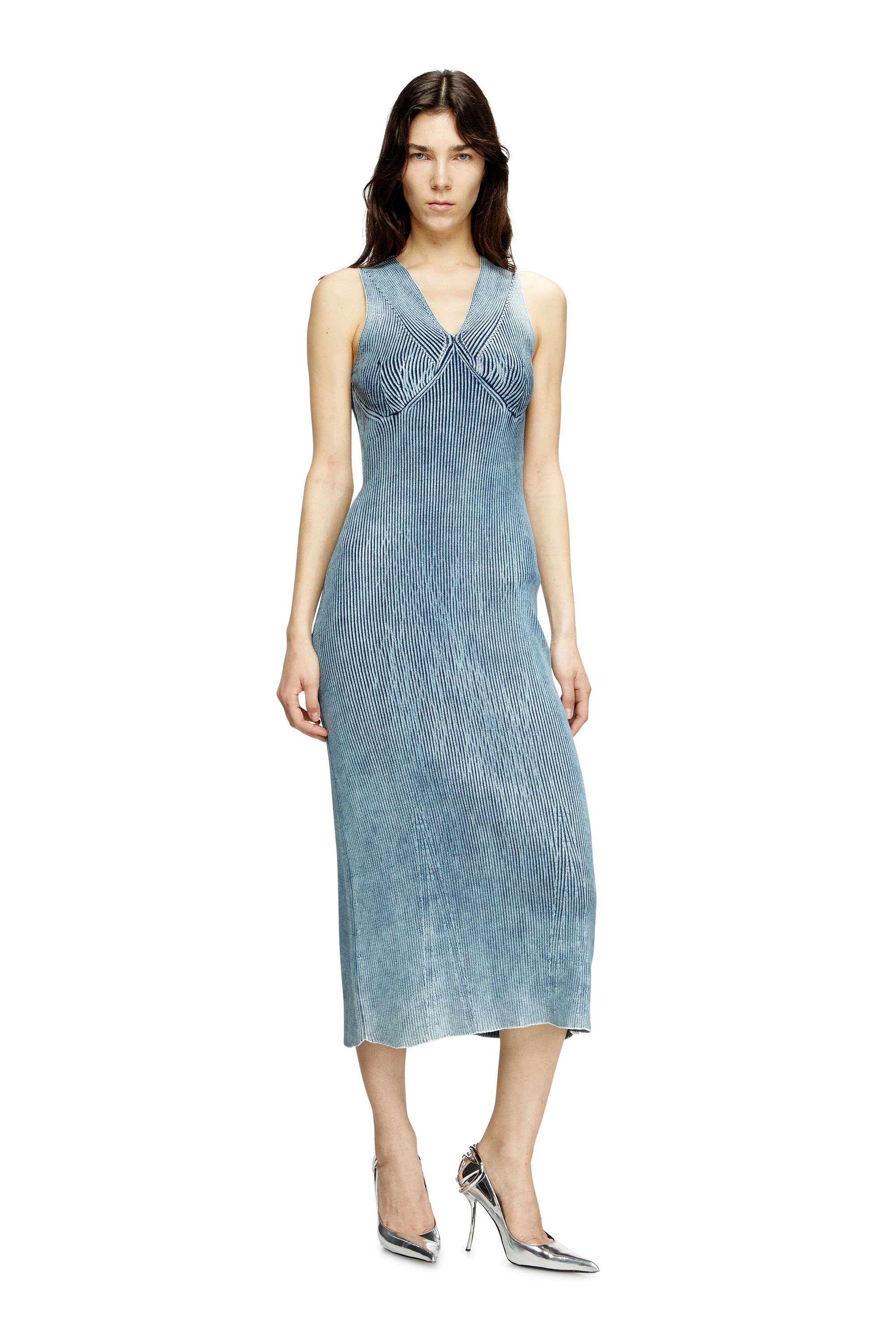 Diesel - M-MILONG, Denim-yarn midi dress with shiny effect Femme in Bleu - 3