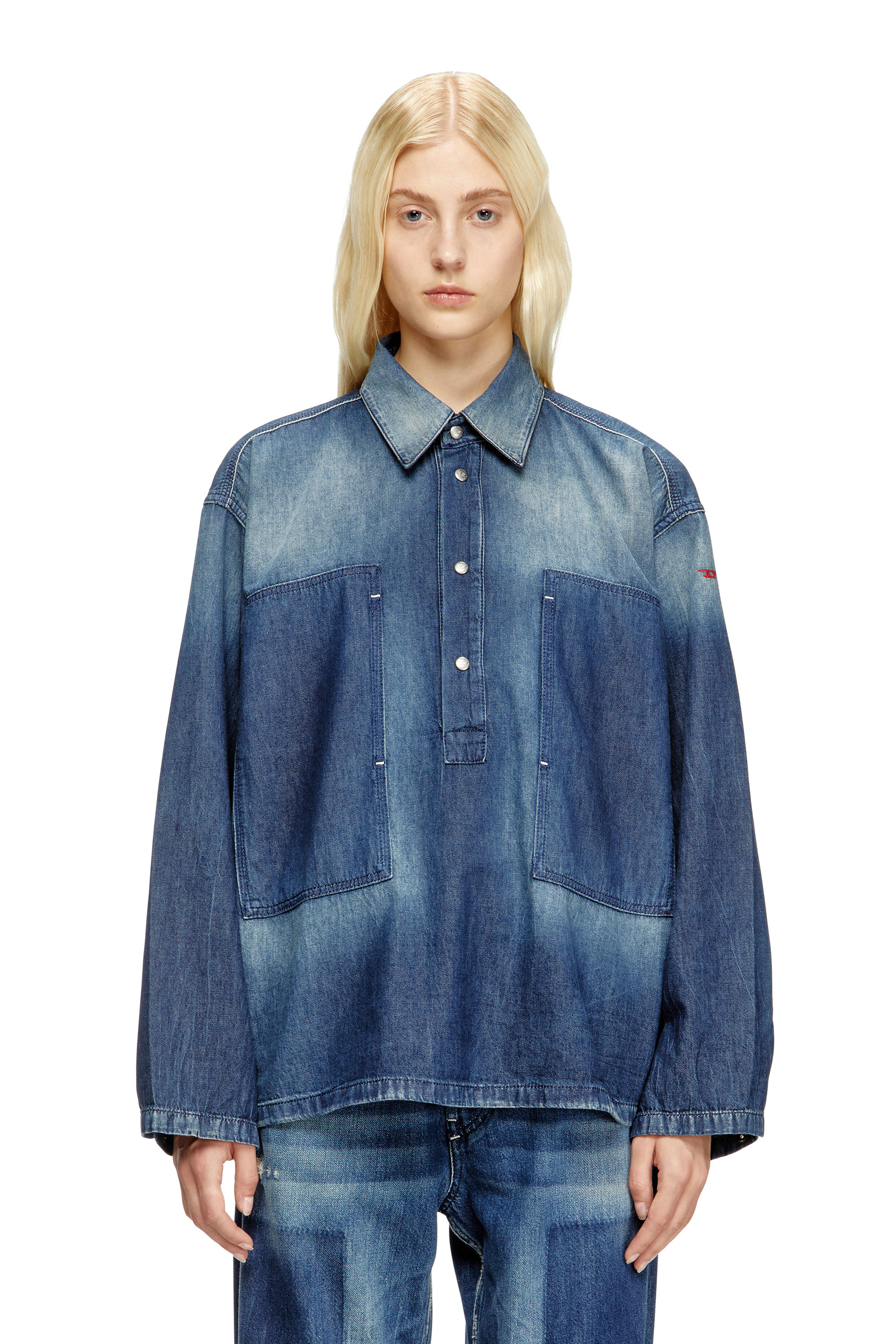 Diesel - DE-PRISS, Haut Henley en denim à effet contrasté Femme in Bleu - 3