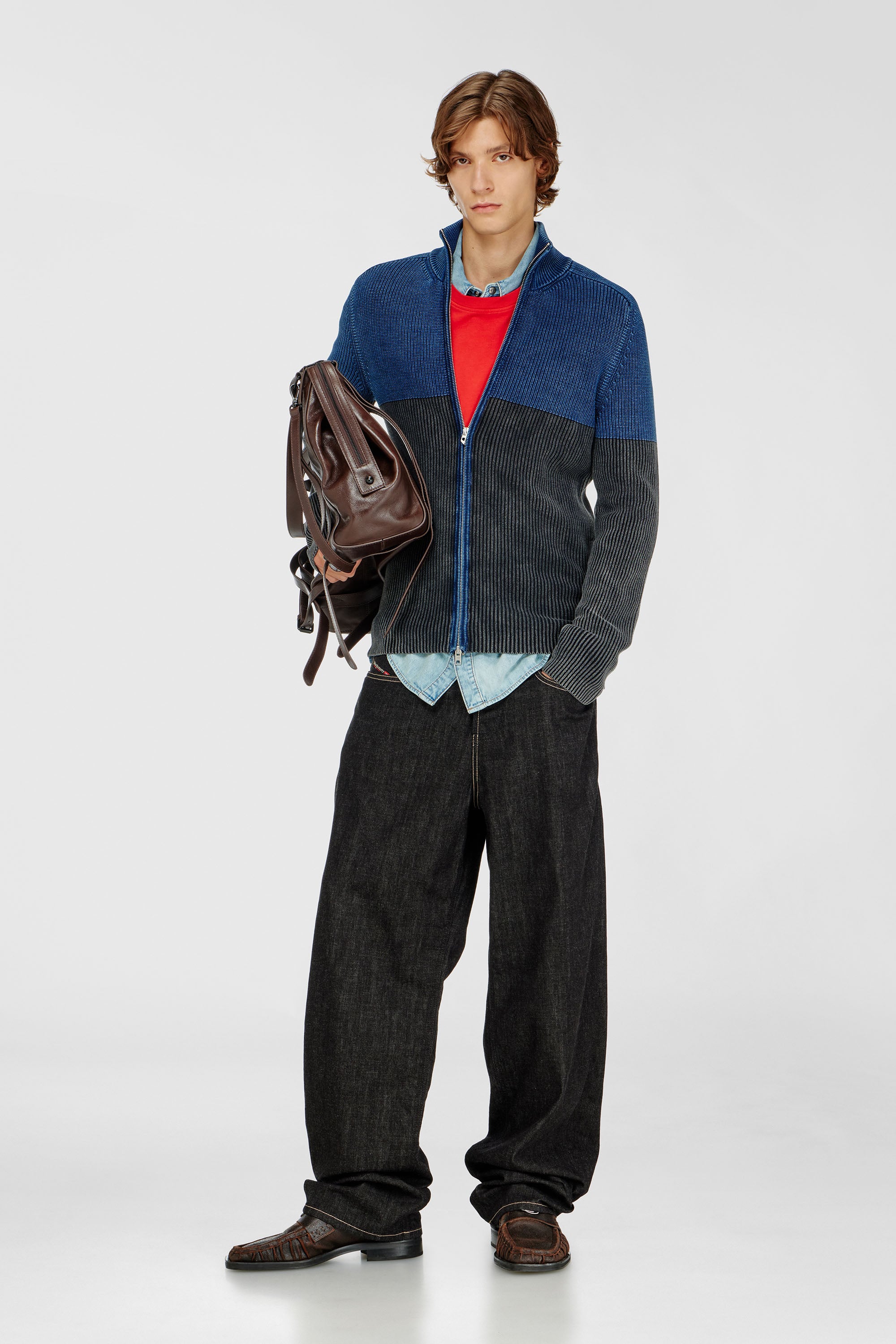 Diesel - K-HERMOS, Cardigan zipp&eacute; effet denim bicolore Homme in Polychrome - 2